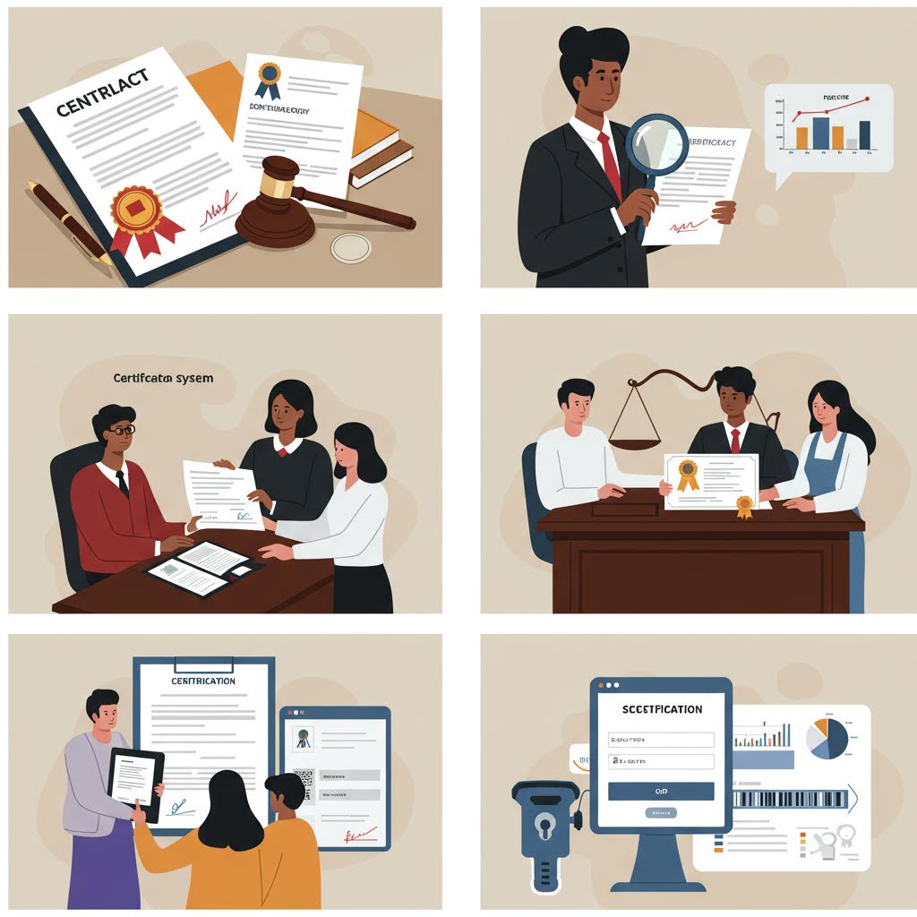 자격증과 회의, 전자 인증 시스템 등 전문적인 검증 절차를 표현한 일러스트 세트