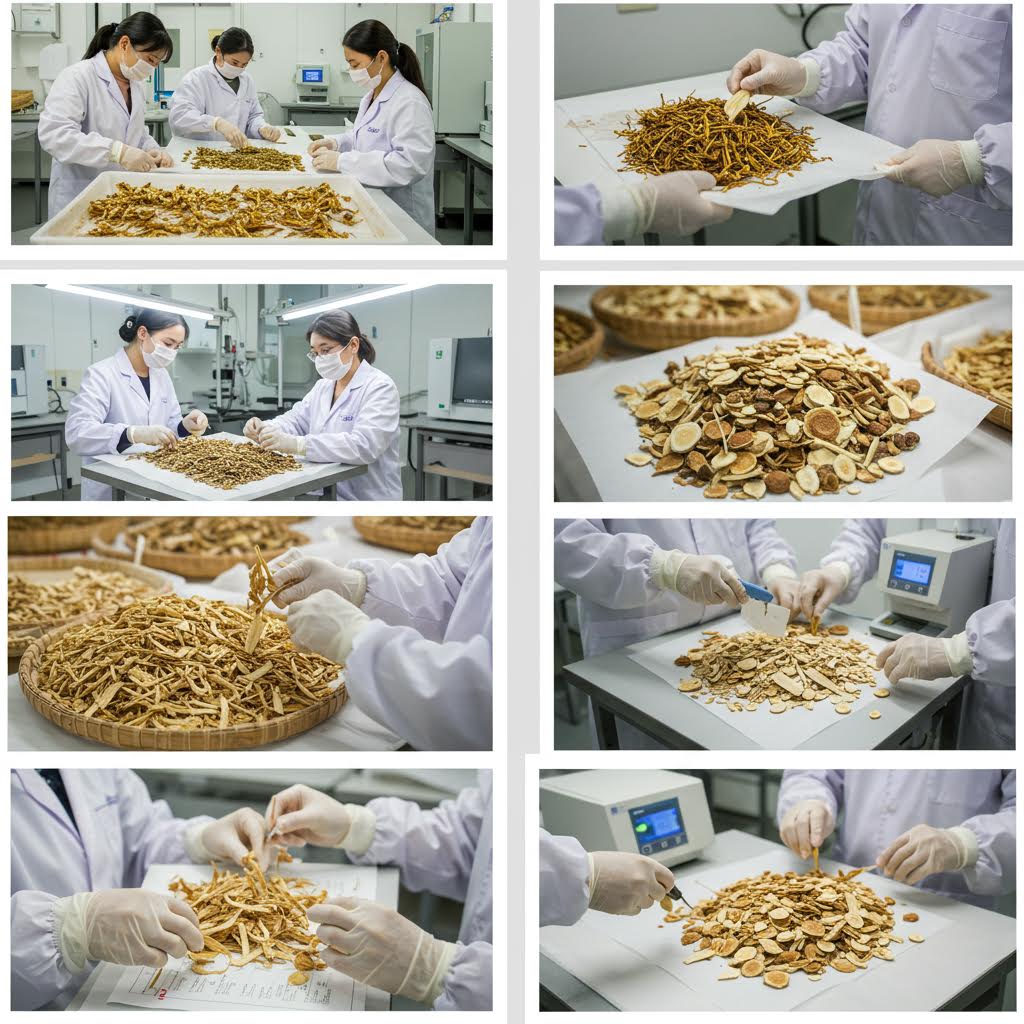 의료용 약초를 선별하며 품질을 관리하는 연구원들의 현장 작업 장면
