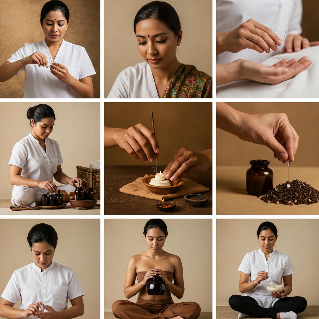 약초와 손동작이 반복적으로 보여지며 치료 연구의 과학적 과정을 강조하는 세밀한 모습