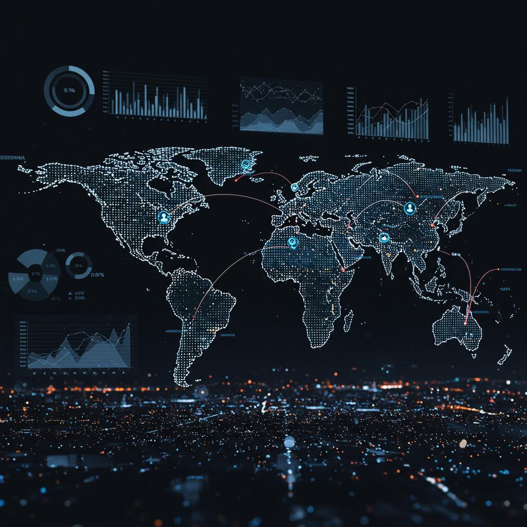 세계 지도 위 데이터 흐름과 연결망이 드러나며 제약 기업의 글로벌 연구 투자를 상징하는 장면