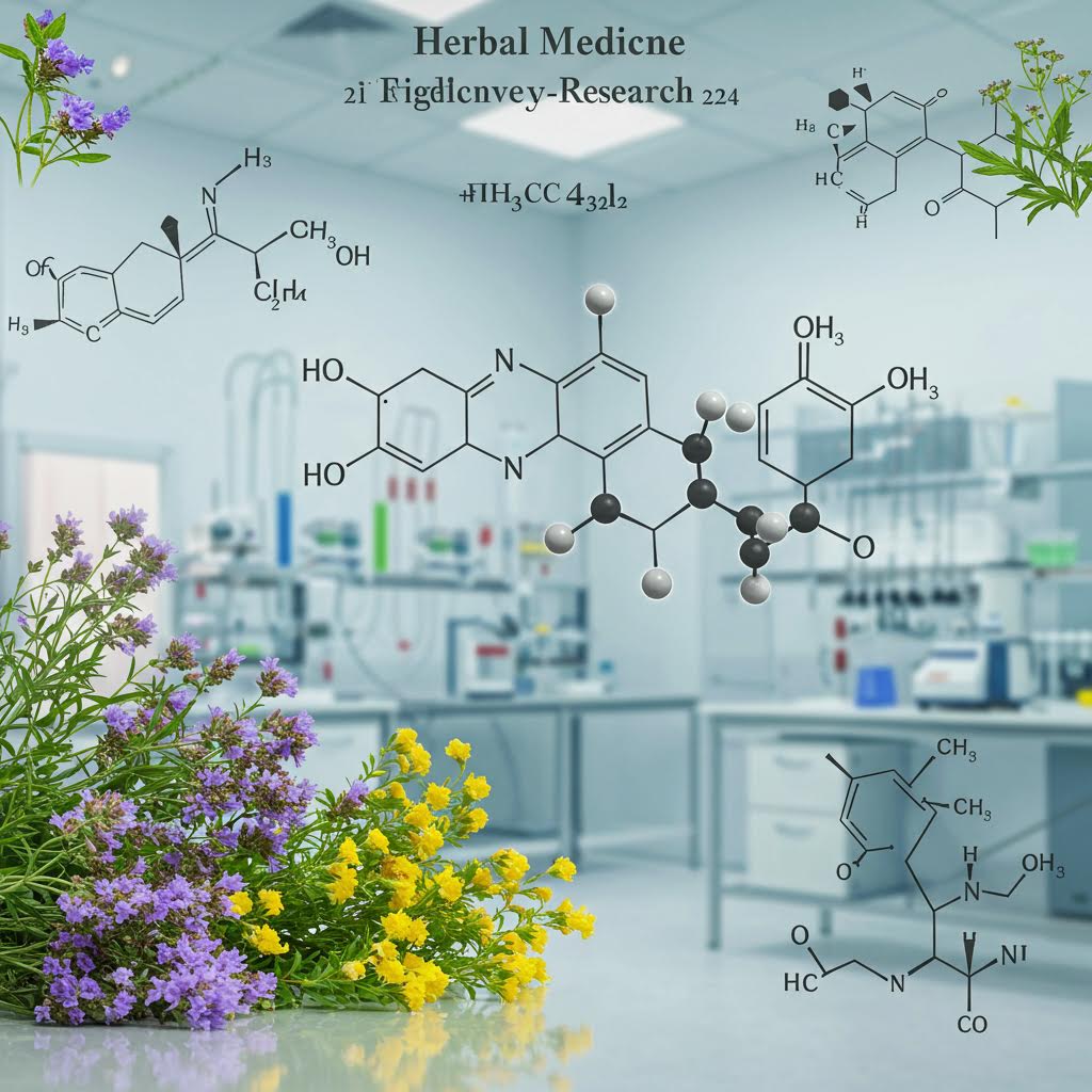 화학 구조식과 실험실 공간, 꽃이 함께 배치되어 규제와 연구 성과가 겹쳐지는 과학적 의료 풍경