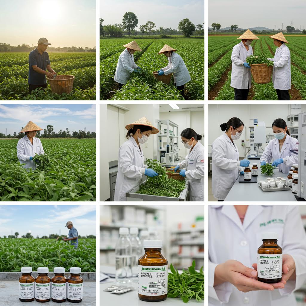 의약 농장에서 연구원과 농부가 협력해 약초를 재배하고 품질을 점검하는 지속 가능한 공급망의 현장