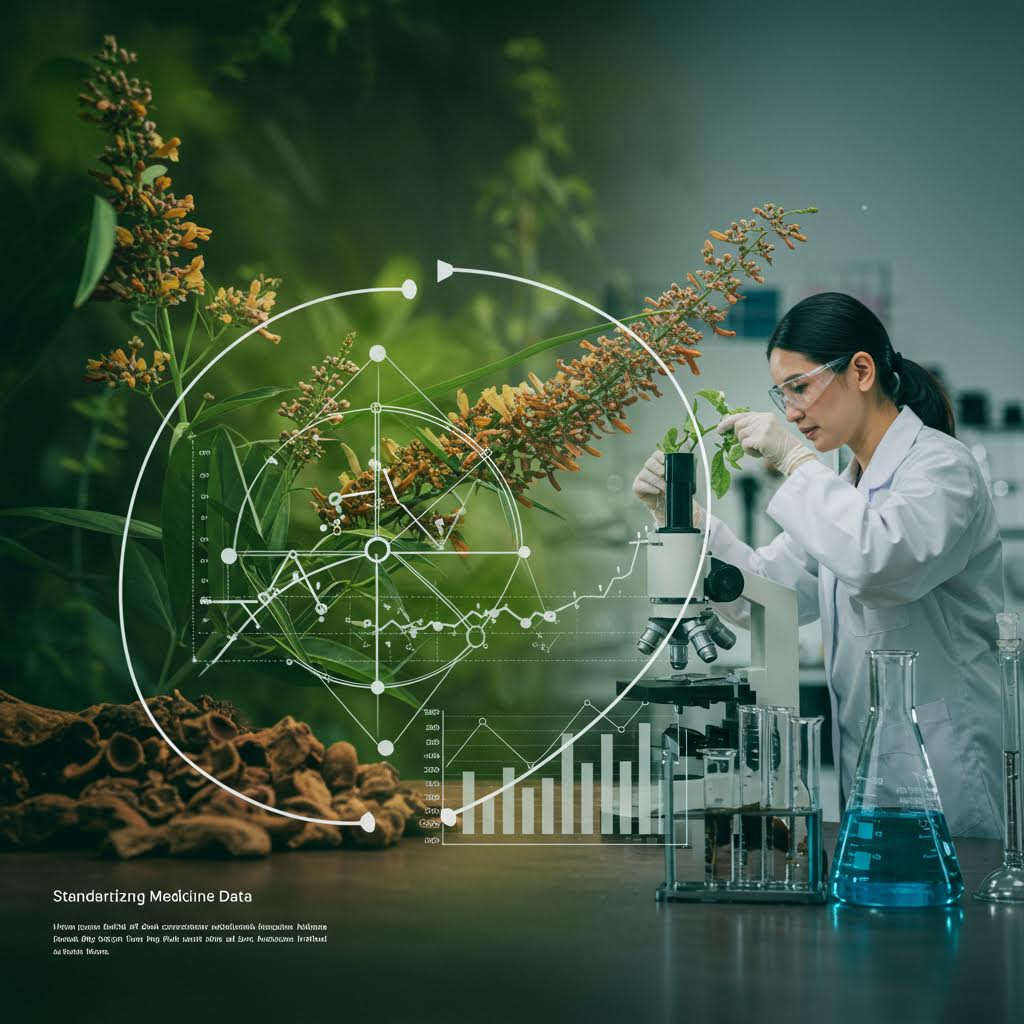 연구원이 실험실에서 식물 샘플을 분석하며 약초 데이터 표준화를 위한 연구를 진행하는 의약 개발 과정