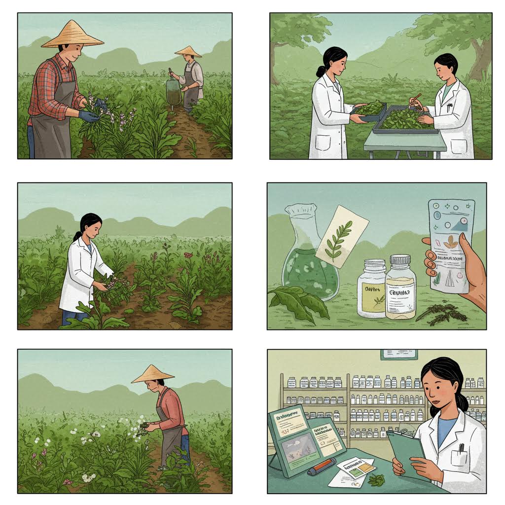 일러스트 스타일로 표현된 농부와 연구원이 약초를 관리하며 의료용 약품의 투명한 유통을 점검하는 과정