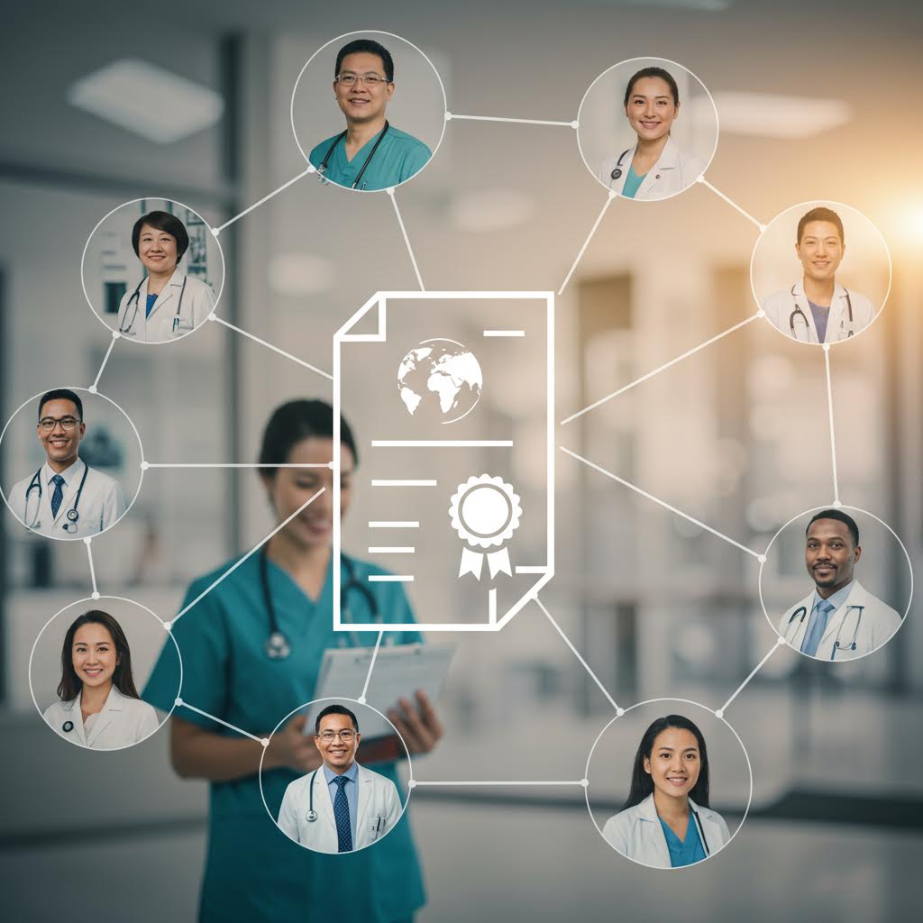 의사들이 서로 연결된 그래픽 속에 배치되어 국제 의료 인증 체계의 협력 네트워크를 상징하는 장면