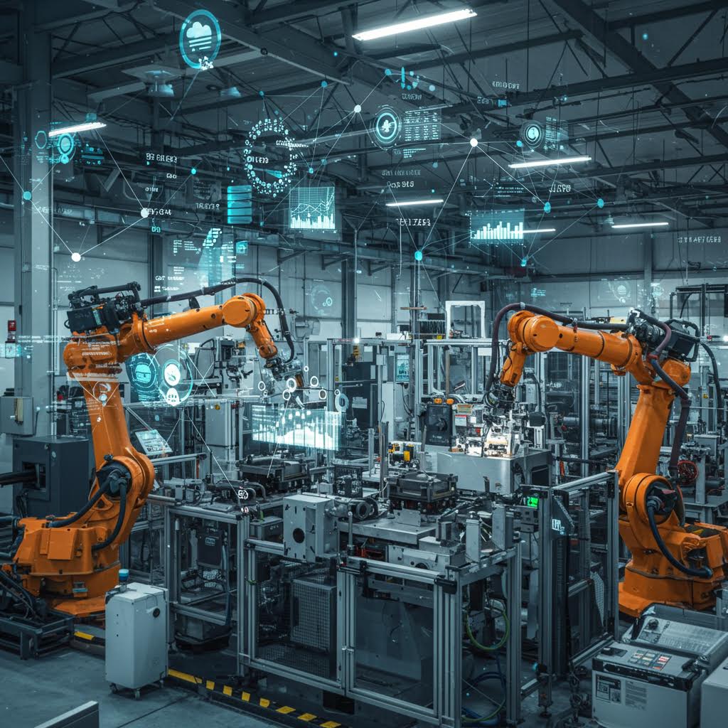 산업용 로봇팔이 공정 데이터를 송출하며 스마트 팩토리 환경에서 품질 검증을 수행하는 자동화 생산 현장