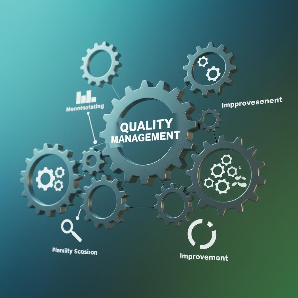 기어와 그래프가 함께 배치되어 품질 관리와 개선 프로세스의 유기적 흐름을 표현한 기술적 시스템 구도