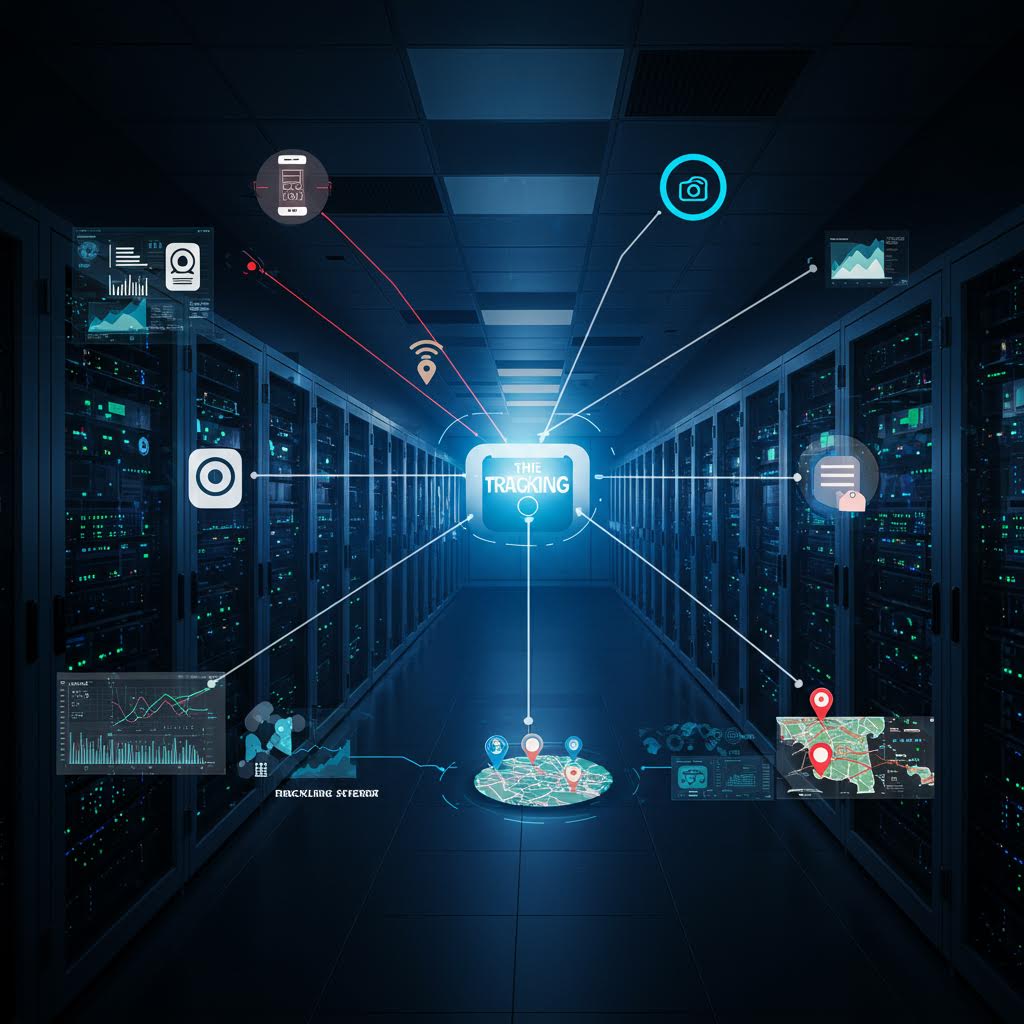 서버실 중심에서 다수의 데이터 흐름이 연결되어 의료 추적 시스템이 작동하는 기술적 구조의 표현