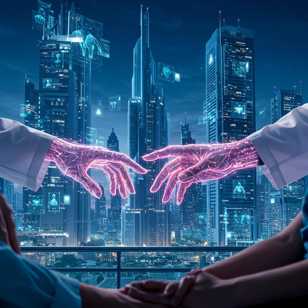 홀로그램 손이 도시 야경 속에서 맞닿으며 의료 생태계의 신뢰와 기술 융합을 상징하는 미래 의료 혁신 이미지