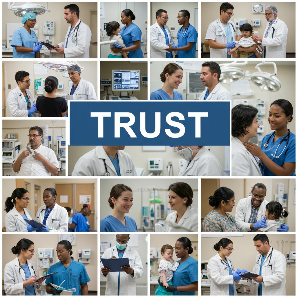 의료진이 신뢰 문구 앞에서 협력하며 환자 중심 인증 시스템의 중요성을 보여주는 의료 환경의 장면