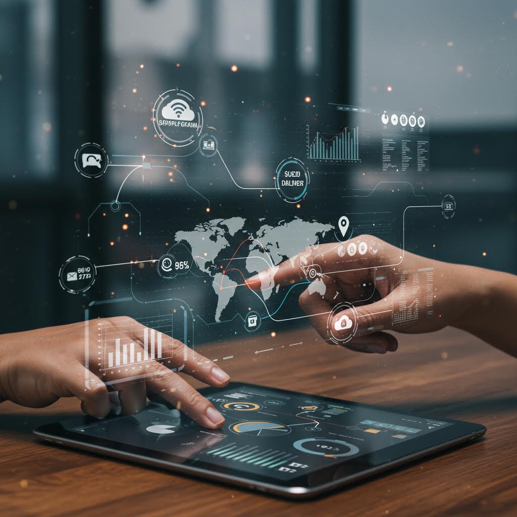 디지털 지도 위로 연결된 아이콘과 손이 맞닿으며 의료용 약품의 이동 경로를 추적하는 기술 플랫폼의 구도