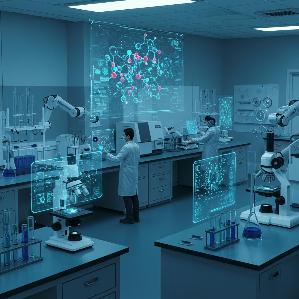 AI 연구원이 실험실에서 홀로그램 분자를 분석하며 데이터 기반 생명과학 연구를 수행하는 장면