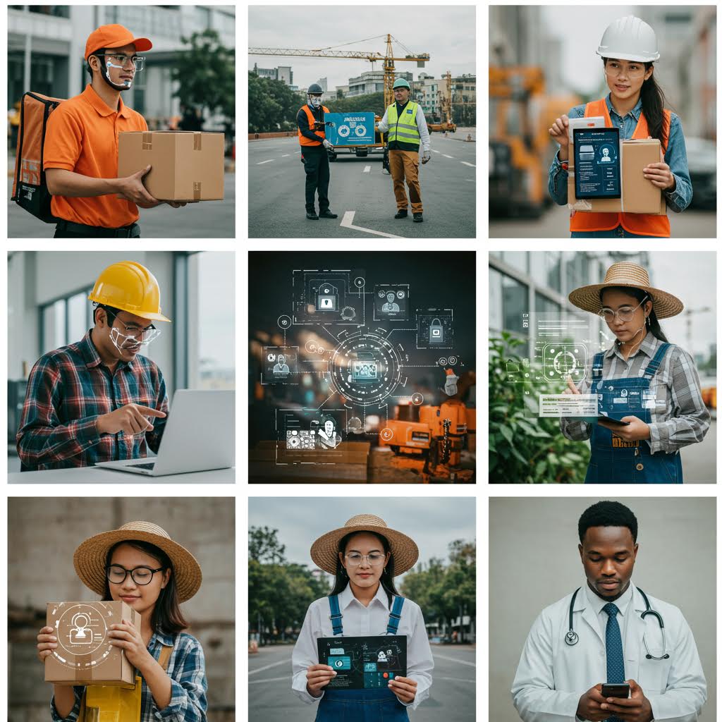 산업 현장에서 다양한 직종의 인물들이 태블릿으로 작업 데이터를 기록하며 글로벌 인증을 검증하는 현장