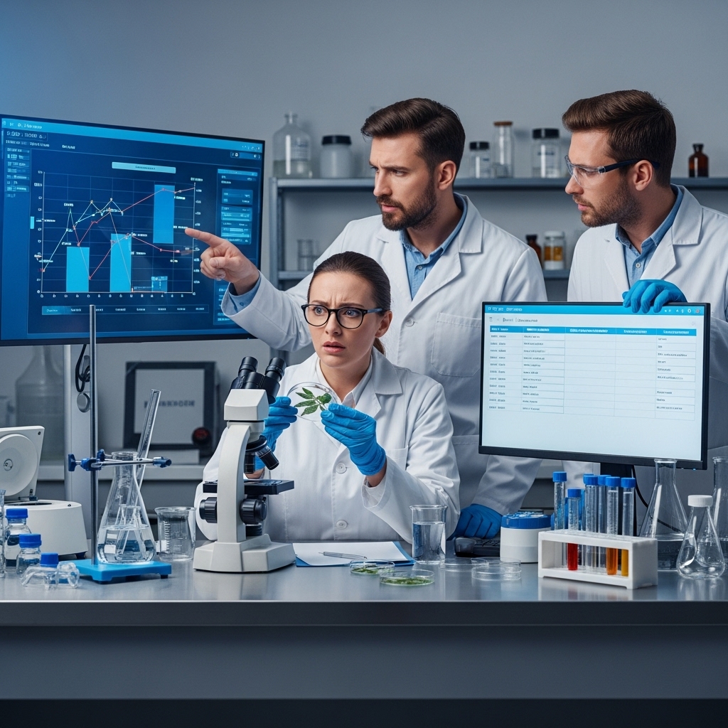 연구실에서 과학자들이 식물 시료를 분석하며 모니터에 표시된 그래프와 데이터로 품질 검증 체계를 점검하는 장면