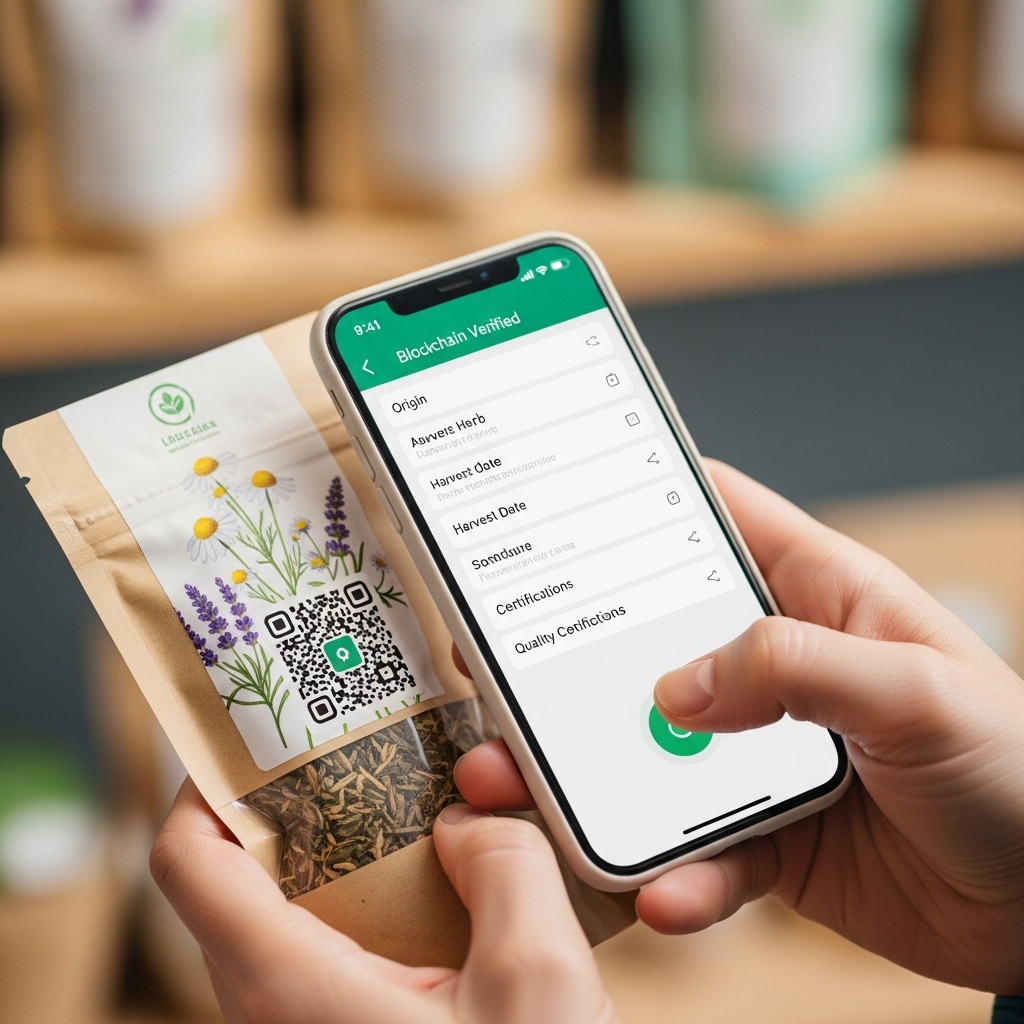 스마트폰으로 약초 포장의 QR코드를 스캔해 블록체인 기반 이력 정보를 확인하는 디지털 추적 관리의 순간