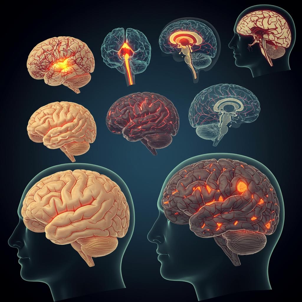 다양한 각도에서 본 뇌의 단면도와 외형을 보여주는 9분할 이미지. 뇌의 특정 영역이 붉은색이나 주황색 빛으로 활성화되거나 강조되어 있으며, 이는 보상 시스템과 관련된 뇌 영역(예: 도파민 회로)의 변화나 활성화 정도를 시각적으로 보여줍니다.