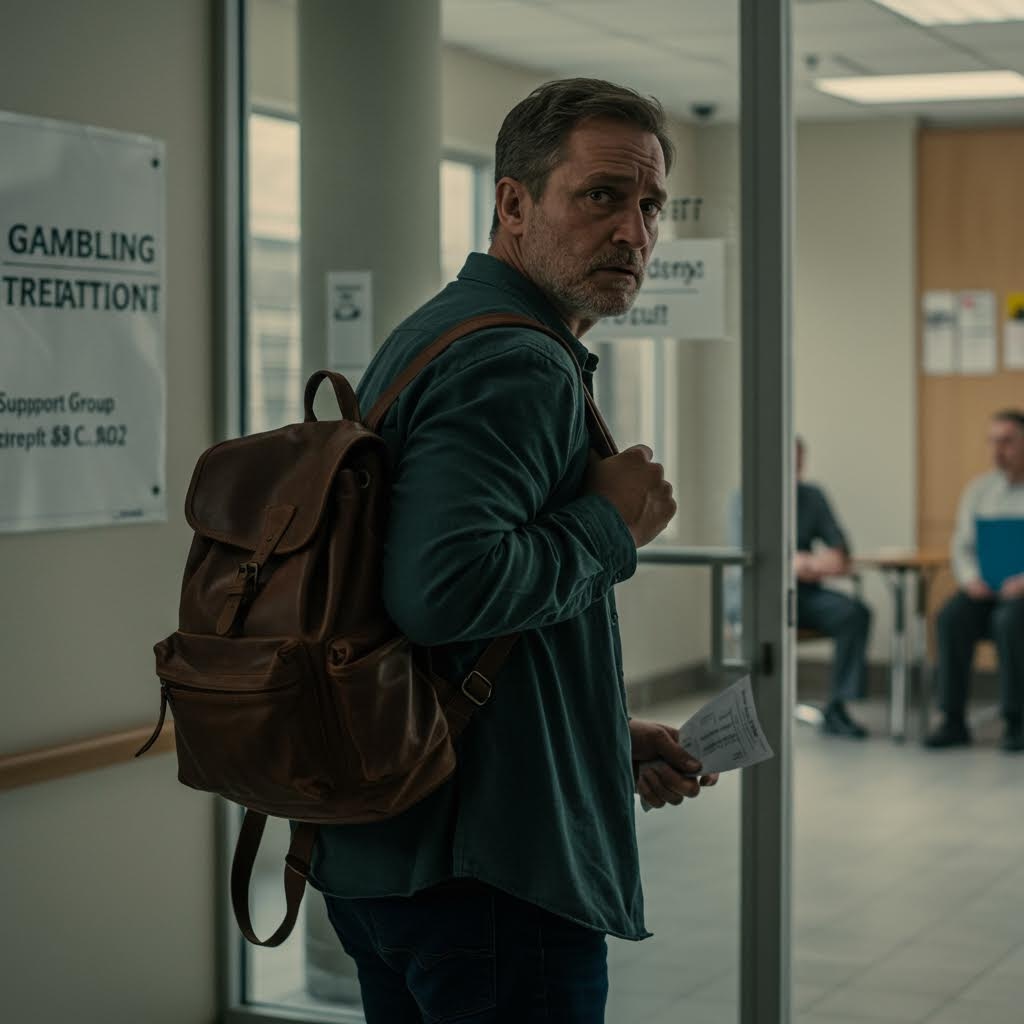 한 중년 남성이 갈색 가죽 백팩을 메고 'GAMBLING TREATMENT(도박 치료)' 및 'Support Group' 표지판이 걸린 치료 시설의 문간에 서서, 뒤를 돌아보며 걱정스럽고 초조한 표정을 짓고 있는 사진. 이는 문제 행동 치료를 시작하거나 마친 후 개인이 겪는 심리적 부담감과 치료 과정의 시작점을 시각적으로 묘사합니다.