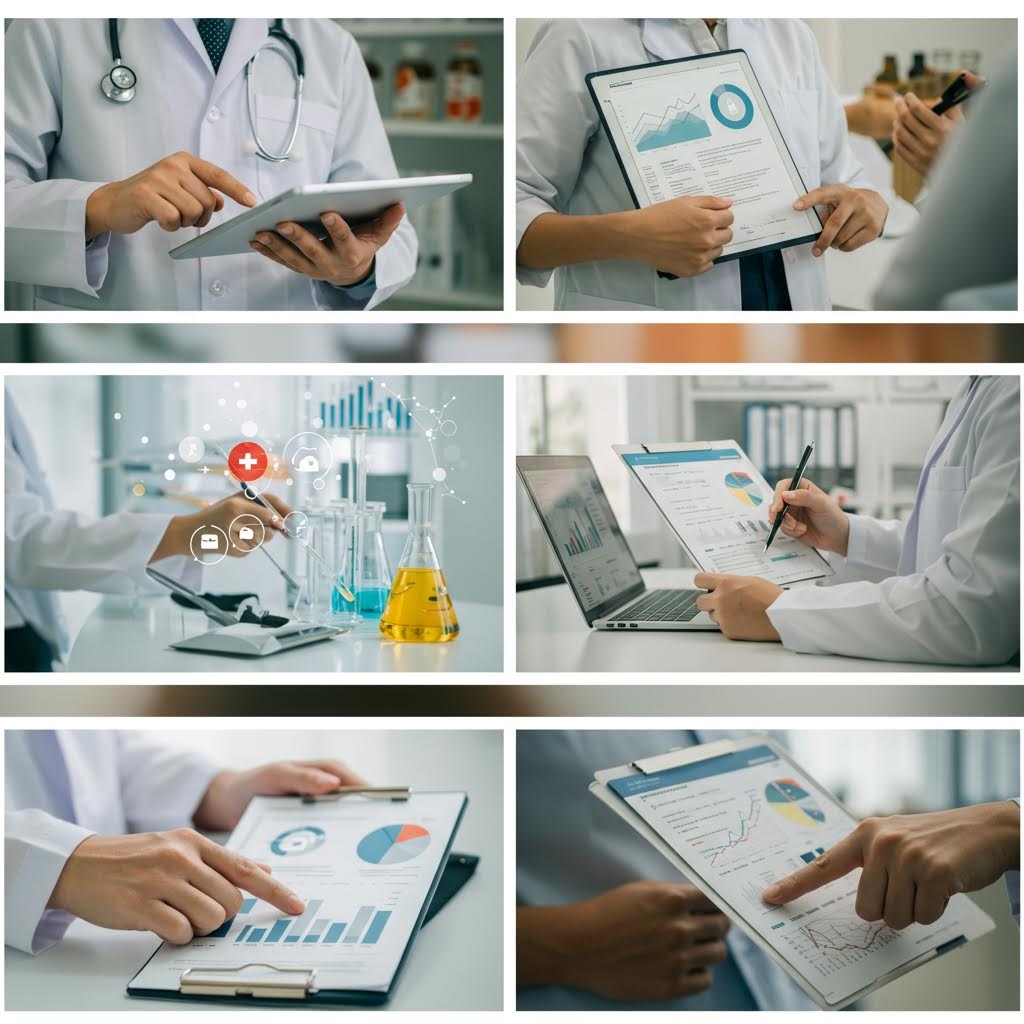 의료진이 헬스테크 실험기구와 데이터 화면을 오가며 자료를 점검하고 수치를 비교하는 연구 활동의 흐름