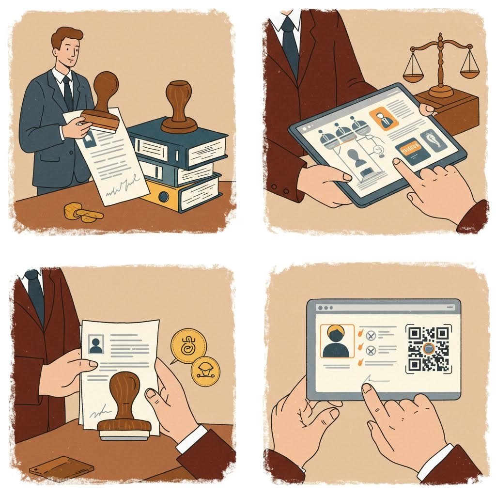 문서를 확인하고 도장을 찍으며 신분 정보를 전자 화면과 종이 자료로 함께 관리하는 절차적 장면