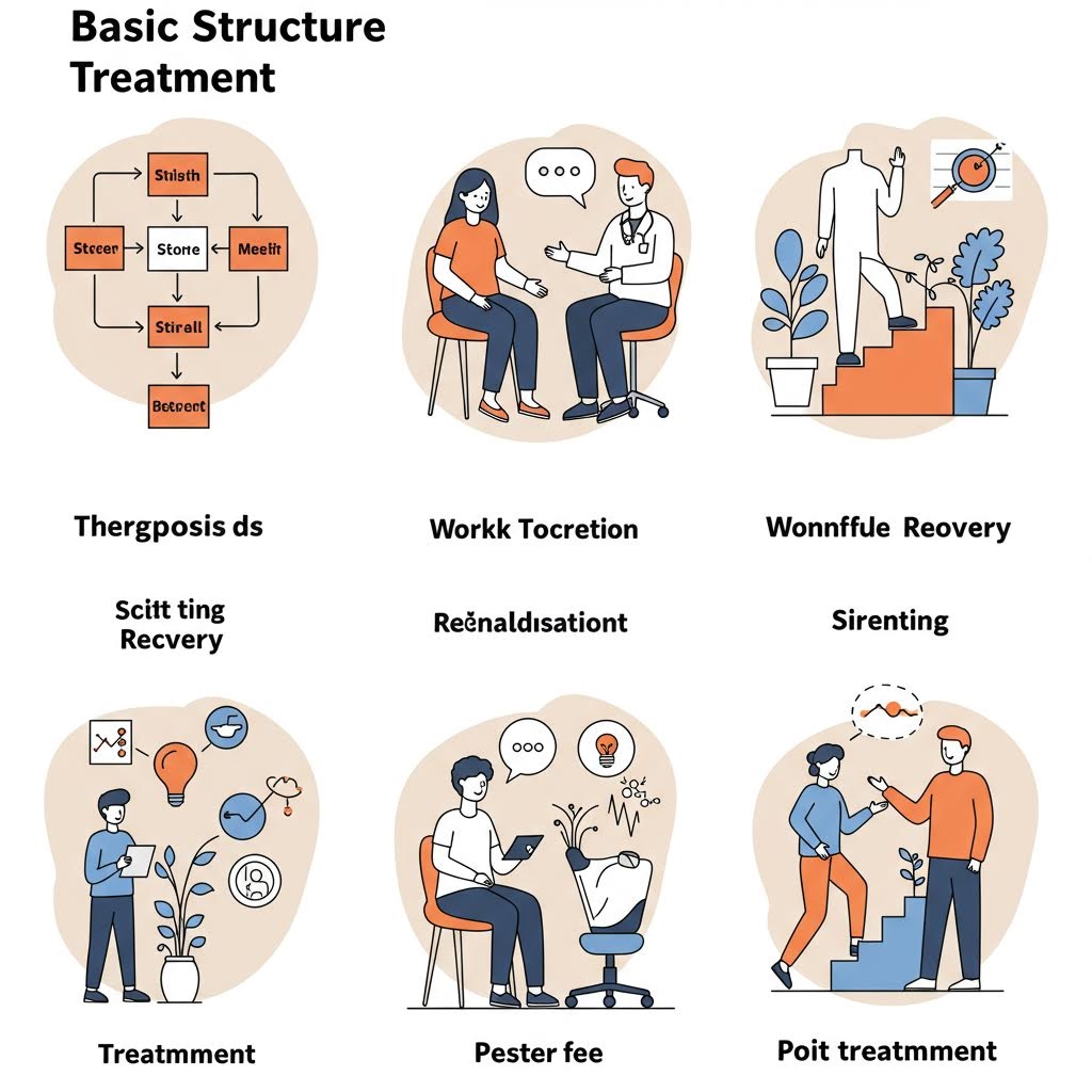 'Basic Structure Treatment'라는 제목의 2x3 격자 배열 일러스트레이션. 순서도, 의사와의 상담, 계단을 오르는 회복 과정, 목표 설정, 상담 세션, 사후 치료(Post-treatment) 등 심리 및 행동 치료의 기본 구조와 단계별 구성 요소를 주황색과 파란색 아이콘으로 보여줍니다.