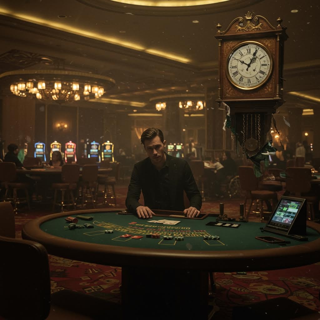 어둡고 화려한 카지노 내부를 배경으로, 한 남성이 초조한 표정으로 초록색 테이블에 홀로 앉아 있는 사진. 테이블 위에는 칩과 카드가 놓여 있으며, 그의 뒤 위쪽에는 크고 낡은 시계가 걸려 있어, 도박 환경에서 객관적 기록의 중요성과 시간 왜곡을 시각적으로 보여줍니다.