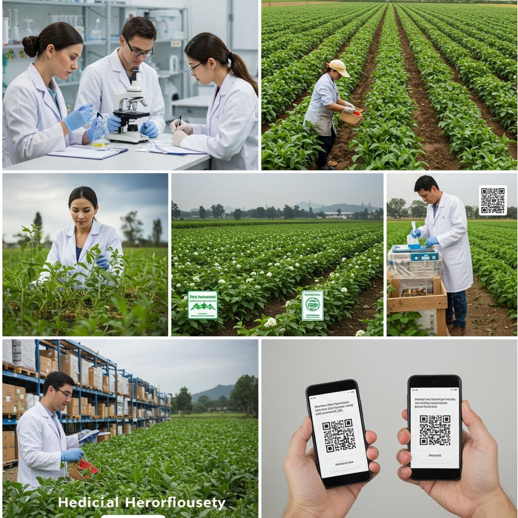 농업 현장에서 연구원과 작업자가 작물 상태를 점검하고 QR 정보를 활용하는 절차가 단계적으로 구성된 장면