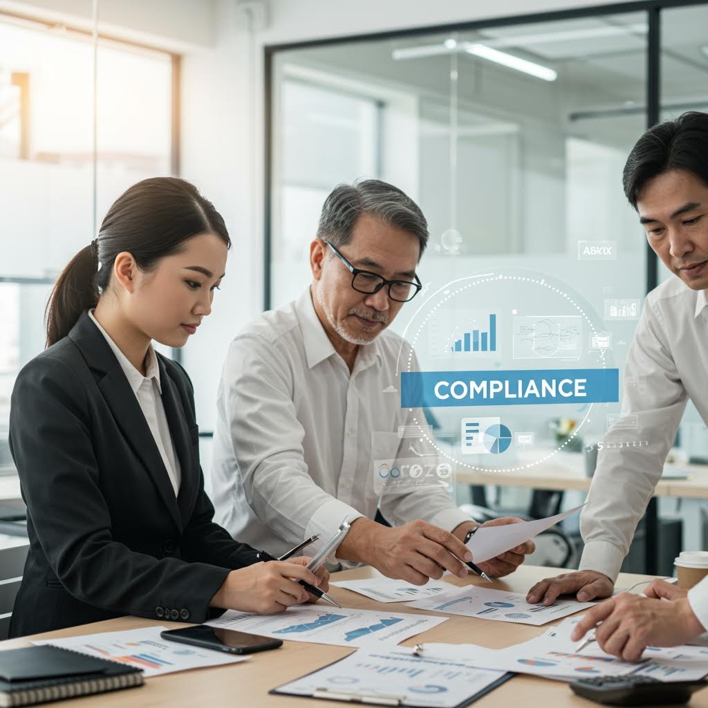 회의실에서 문서와 자료를 살피며 규정 준수 요소를 확인하는 사람들이 집중해 논의하는 순간