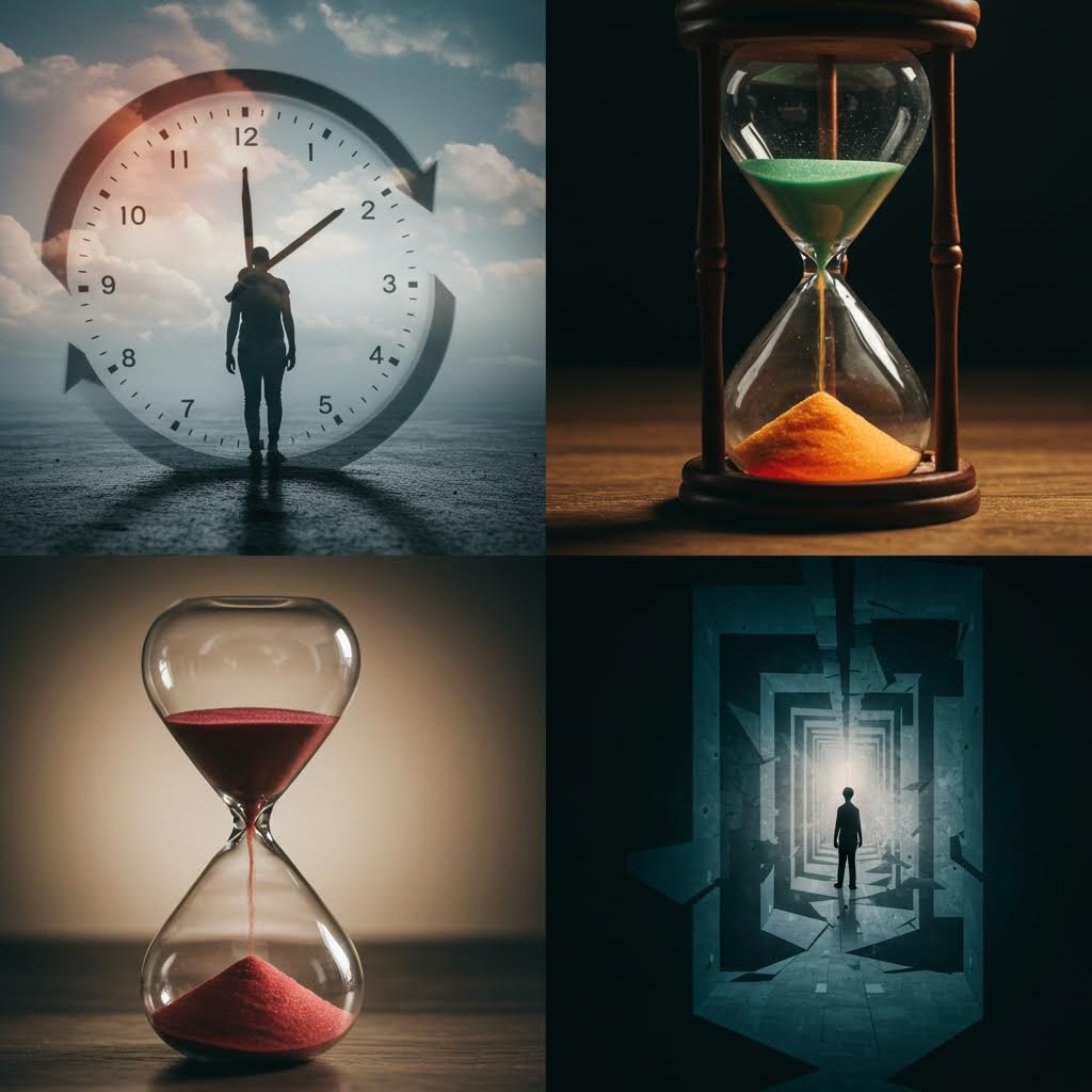 격자 배열의 이미지. 한 인물의 실루엣 위에 시계가 투영된 모습, 녹색과 주황색 모래가 섞인 이중 모래시계, 붉은 모래가 흐르는 모래시계, 그리고 복잡한 미로형 복도에 갇힌 인물의 실루엣이 담겨 있습니다. 이는 도박 등 특정 행동에서 발생하는 시간 착각과 그로 인해 손실 인지가 방해받는 심리적 메커니즘을 시각적으로 묘사합니다.