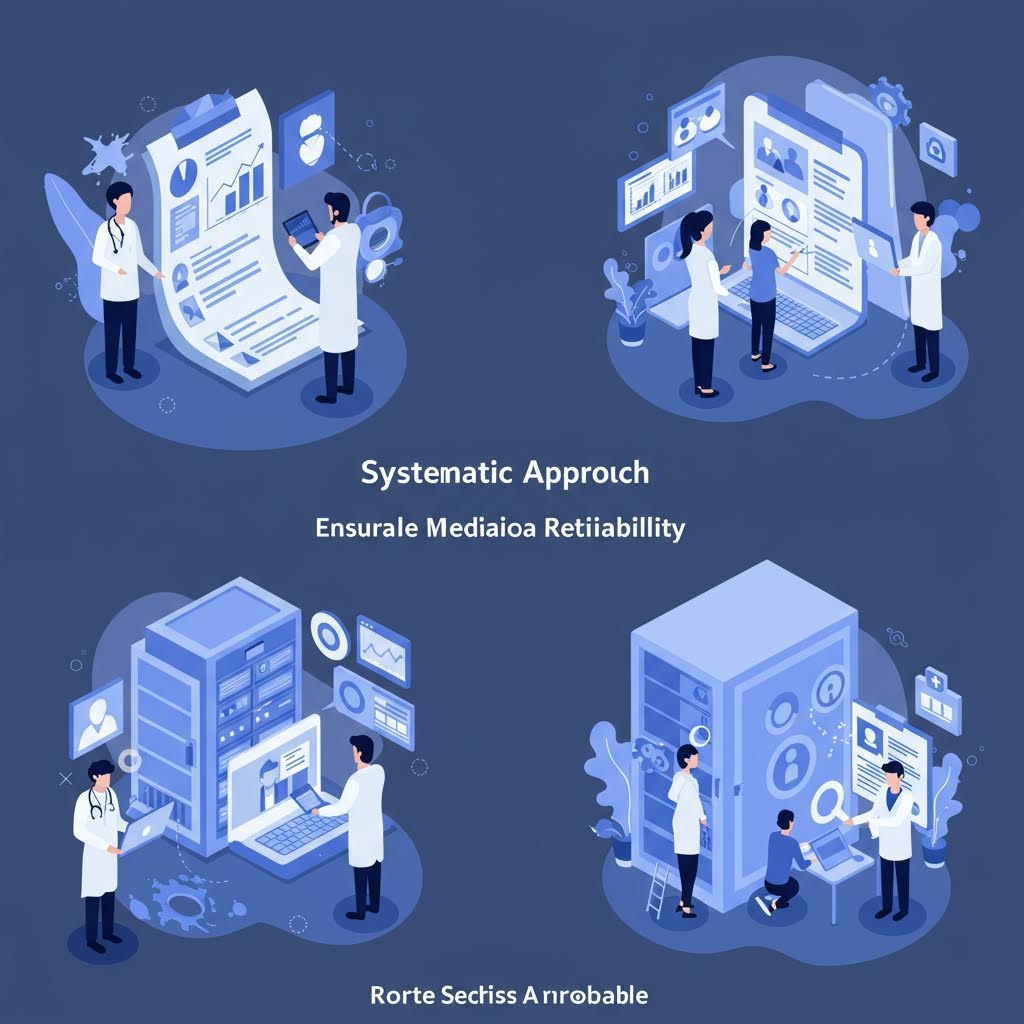 데이터와 장비를 활용해 여러 연구원이 분석 화면을 검토하는 장면이 체계적 절차와 관리 흐름을 시각적으로 표현한 구조