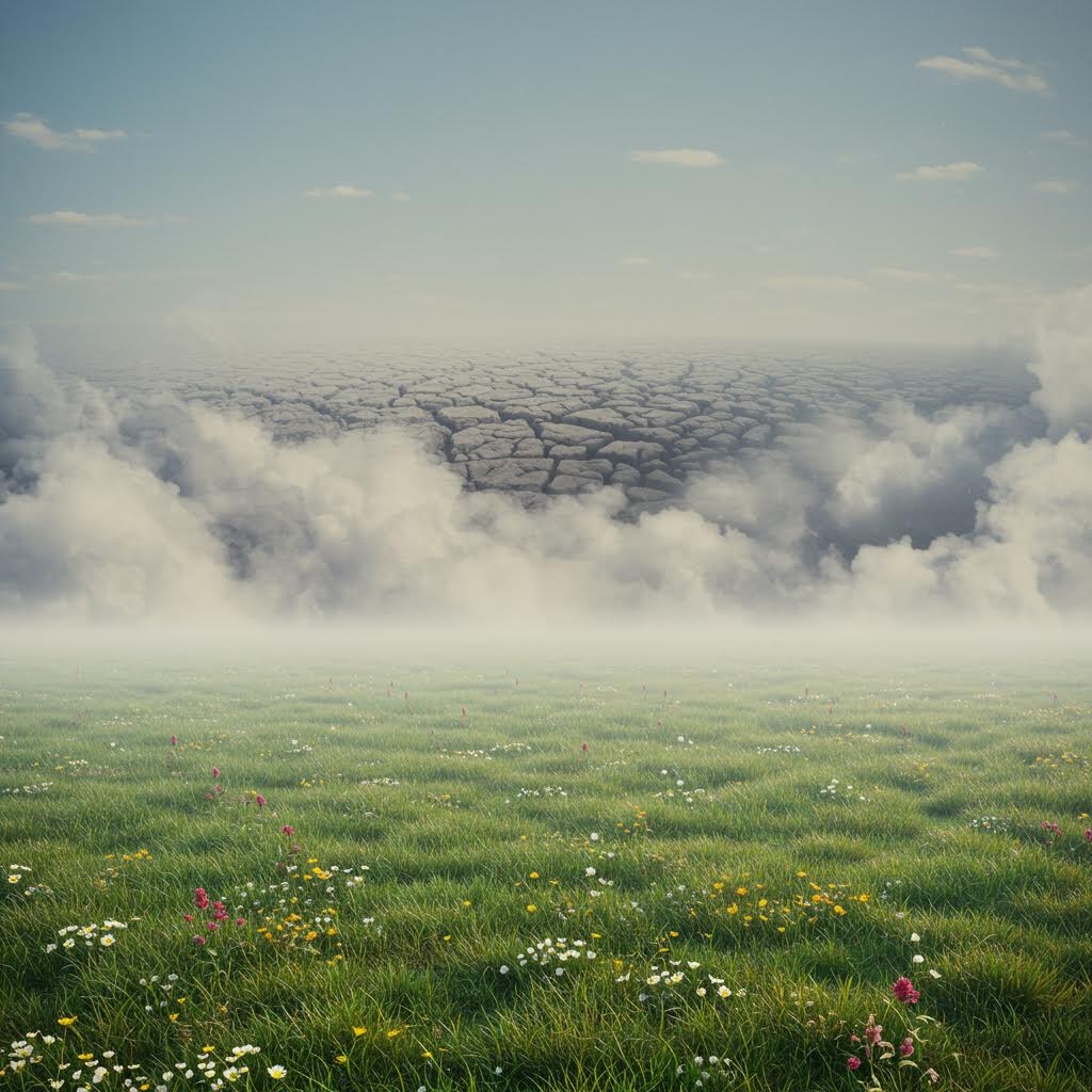 초현실적인 풍경 사진. 전경은 야생화가 피어 있는 푸르고 무성한 초원인 반면, 낮은 구름층 위로 보이는 배경은 바싹 마르고 갈라진 건조한 땅입니다. 이는 표면적으로 보이는 환경과 잠재적인 위험 또는 대조되는 현실을 시각적으로 나타냅니다.