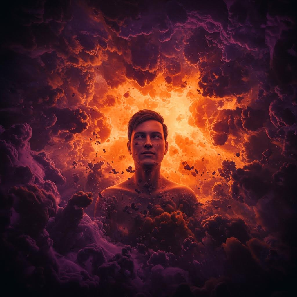 한 남자가 어둡고 붉은 기운의 소용돌이치는 구름이나 연기 속에서 상반신을 드러내고 있는 극적인 디지털 이미지. 중앙의 강렬한 주황색 빛과 주변의 어두운 보라색 구름이 대비되며, 강한 감정적 혼란이나 몰입, 혹은 위기 상황에서의 각성을 시각적으로 표현합니다.
