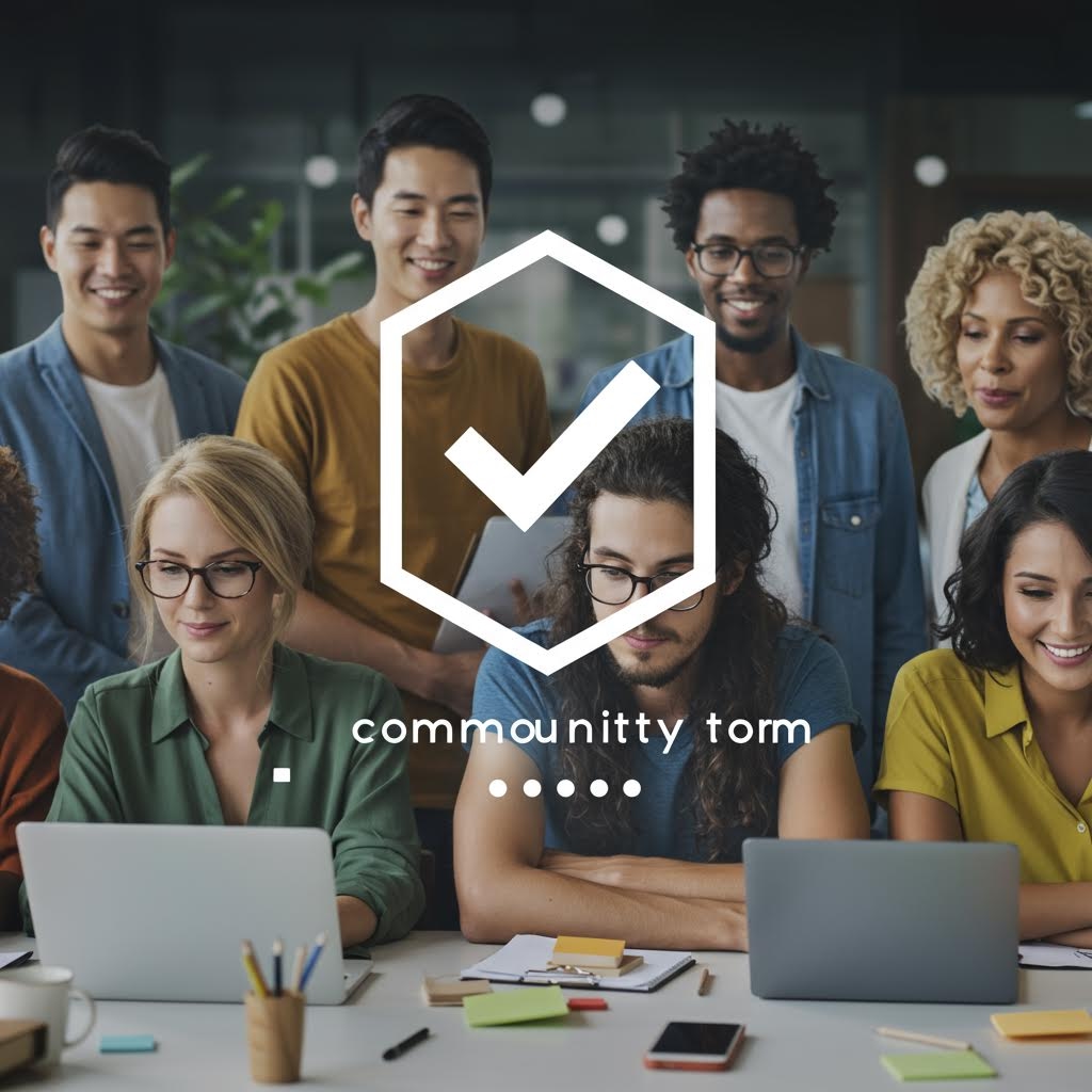 여러 사람이 노트북 앞에 모여 협력하며 화면 속 체크 아이콘과 함께 검증 과정의 상징적 이미지를 보여주는 모습