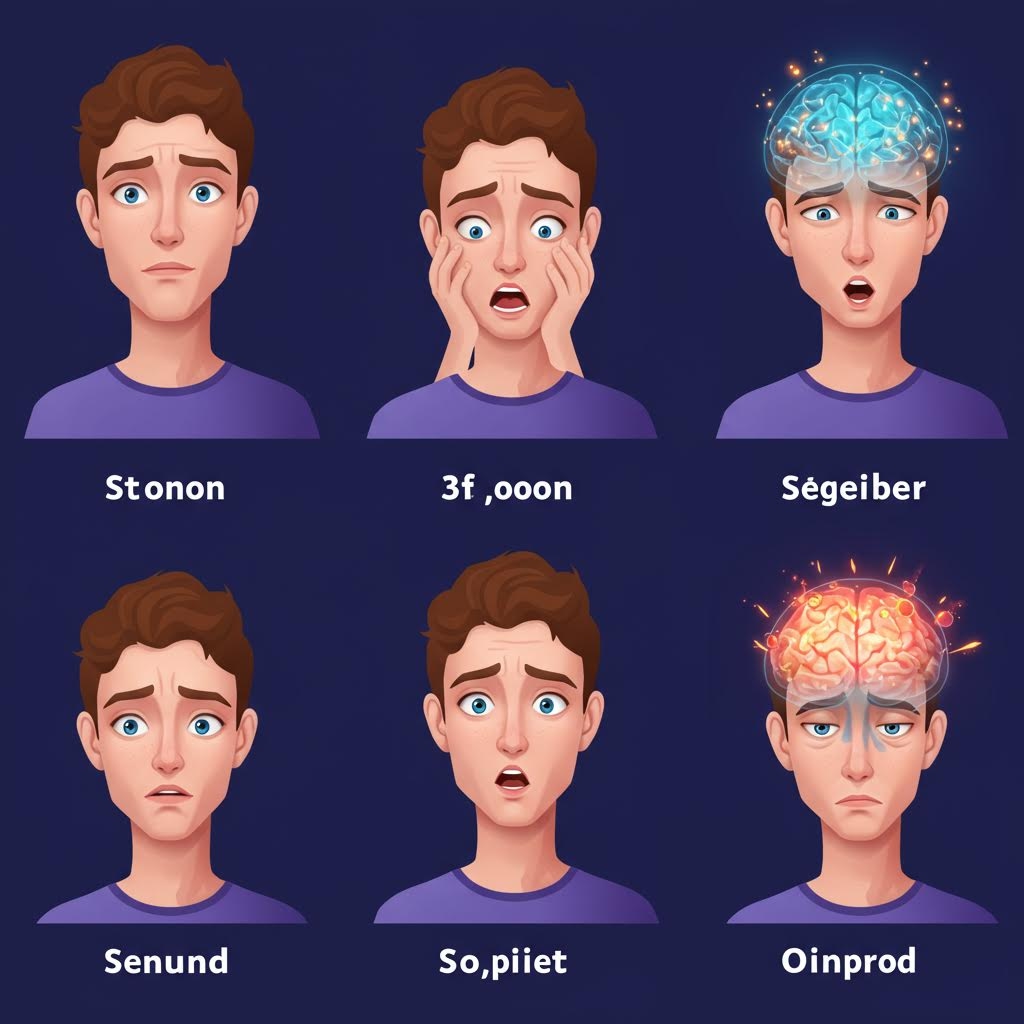 격자 배열의 일러스트레이션. 한 남성의 얼굴 표정이 불안, 충격, 두려움 등 다양한 감정 변화를 보여주고 있습니다. 특히 상단 오른쪽과 하단 오른쪽 컷에는 뇌에서 푸른색 또는 붉은색 빛이 나는 모습이 묘사되어, 스트레스나 도박과 같은 행위가 신경전달물질의 변화와 감정 상태에 미치는 영향을 시각적으로 나타냅니다.