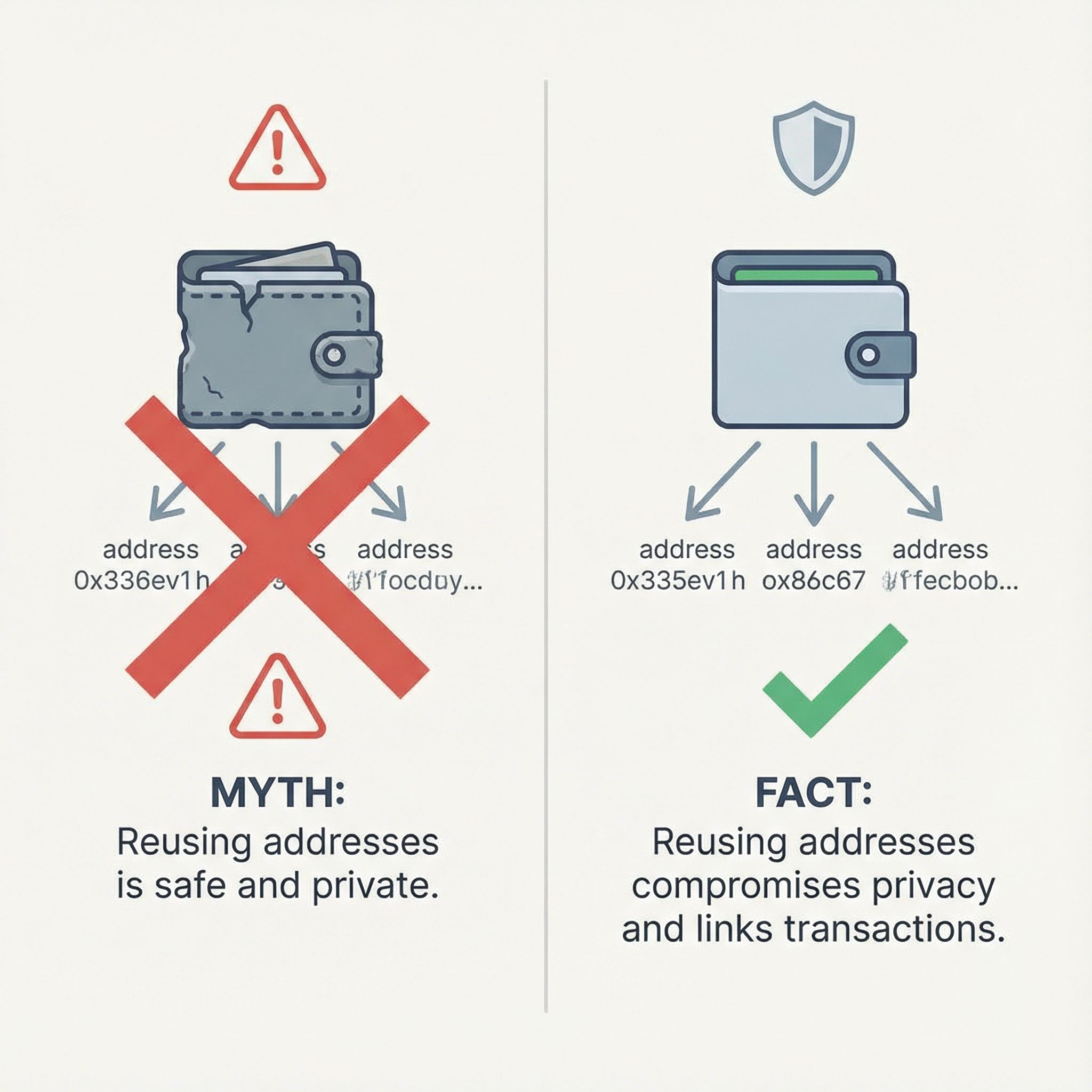 흰 배경에 지갑 아이콘과 반복 주소 화살표, 경고표시, 미신 대 사실을 좌우로 나눈 인포그래픽 모습이다
