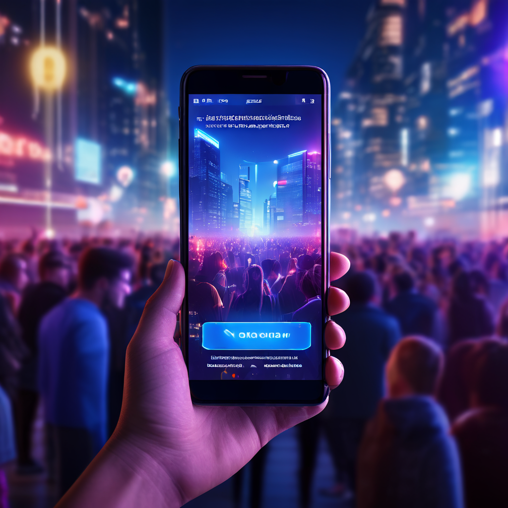 도시 배경 속 스마트폰 화면 인증사진과 빛나는 알림, 아이콘 주변으로 다양한 군중이 움직이는 모습이다