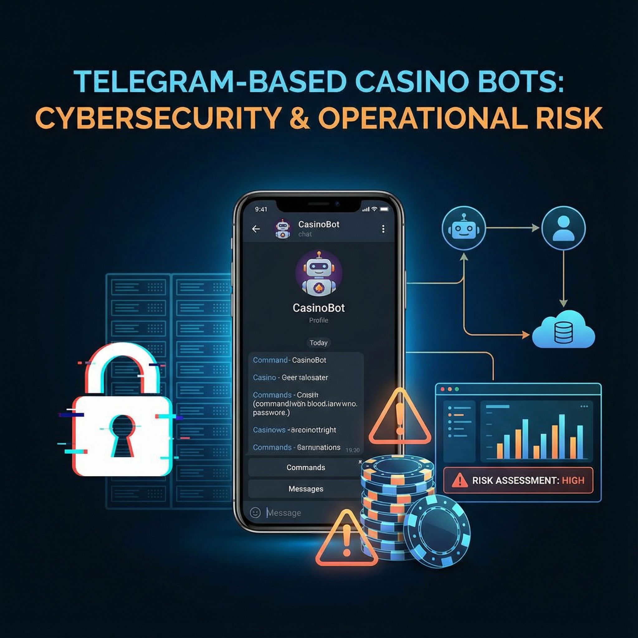 텔레그램 카지노 봇 화면을 중심으로 보안 자물쇠와 경고 아이콘, 데이터 흐름 다이어그램을 배치해 사이버 보안과 운영 리스크를 시각적으로 강조한 분석 이미지다