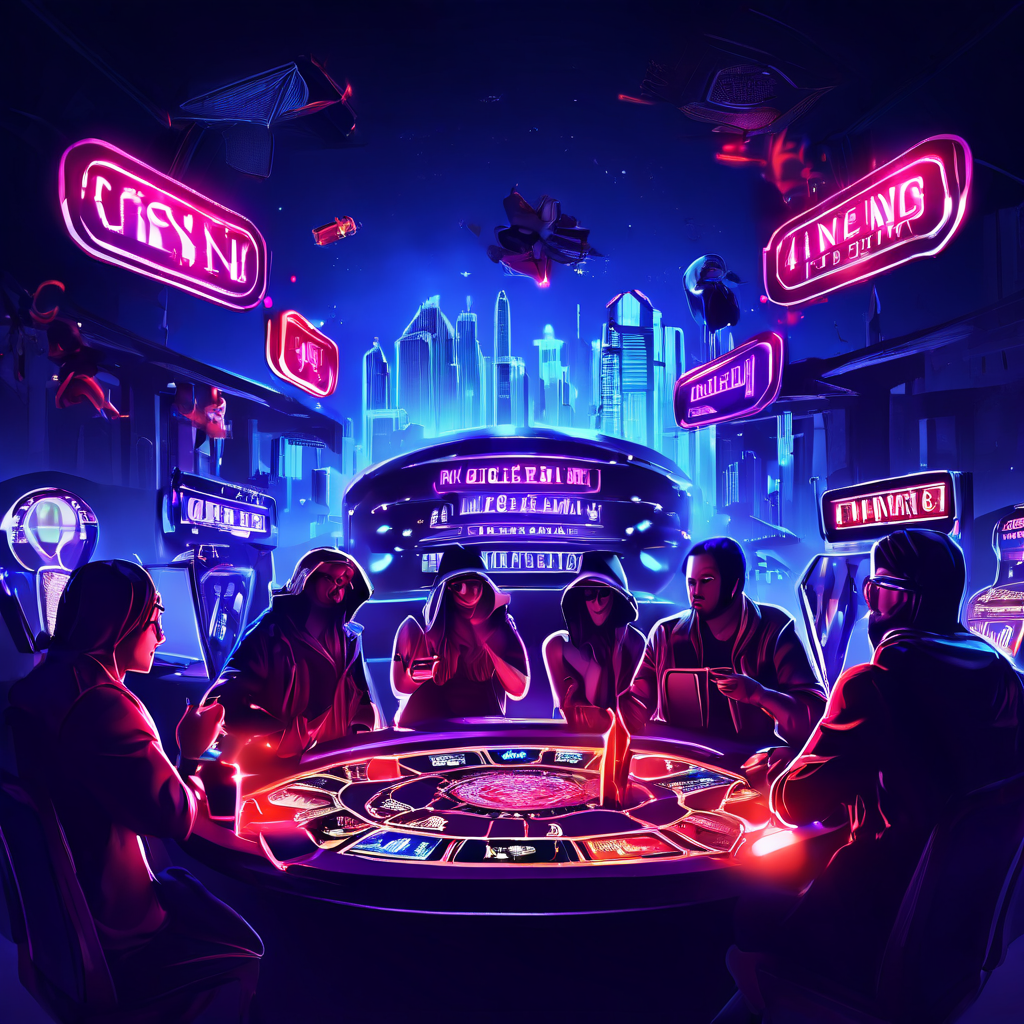 어두운 네온 카지노 기호와 채팅 말풍선이 겹쳐 긴장감을 준 타이틀 카드인 모습이다