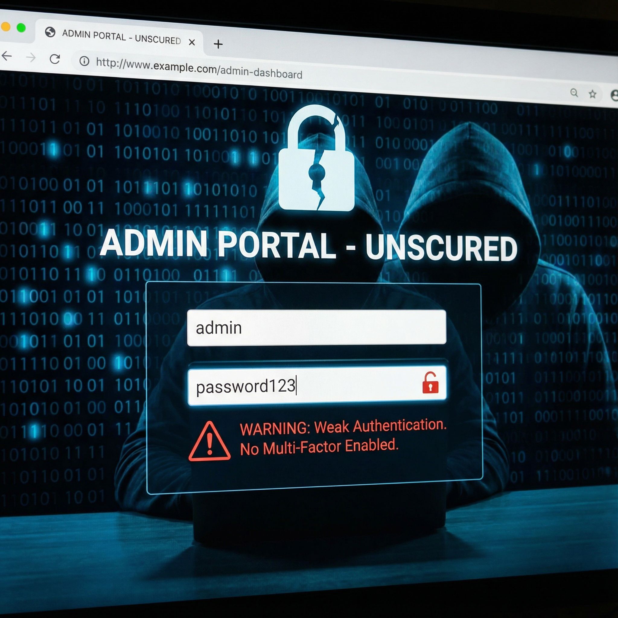 어두운 대시보드 화면에 단순 비밀번호칸, 금 간 자물쇠와 경고표시, 뒤에 해커 실루엣이 보이는 모습이다