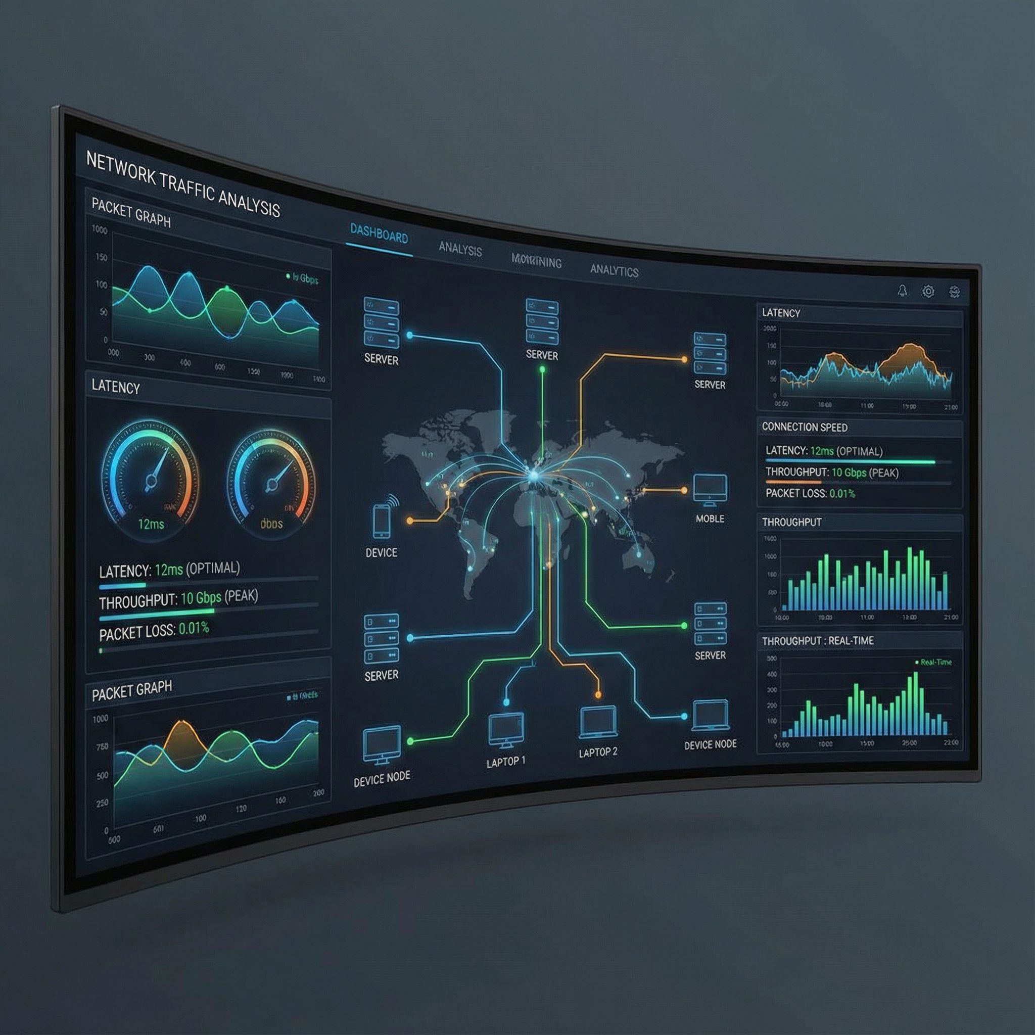 어두운 대시보드에 데이터 흐름 선과 패킷 그래프, 지연계기와 처리량 차트, 서버 아이콘이 연결된 모습이다