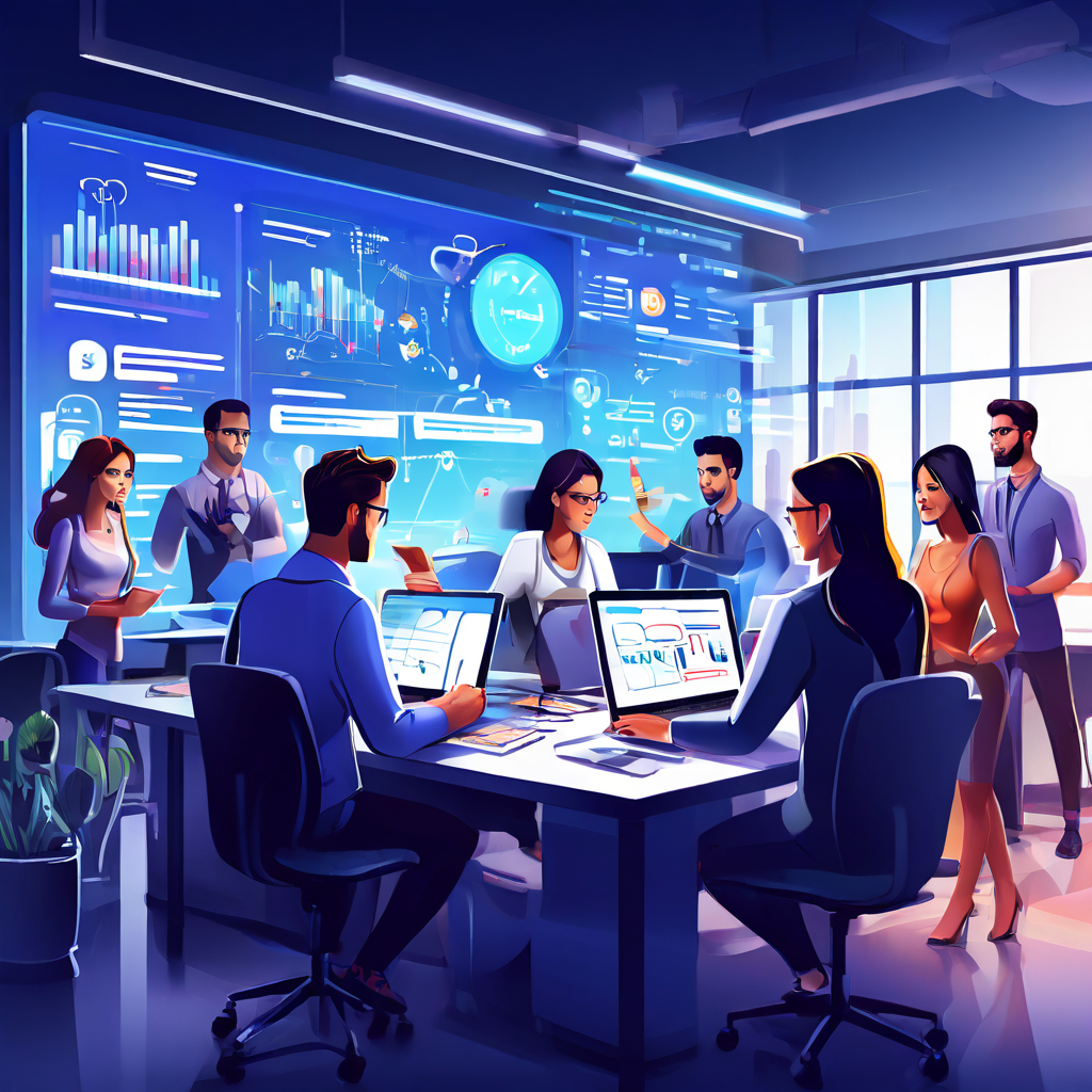 밝은 사무실에서 다양한 마케터들이 노트북과 대시보드, 화이트보드 앞에 모여 캠페인을 논의하는 모습이다