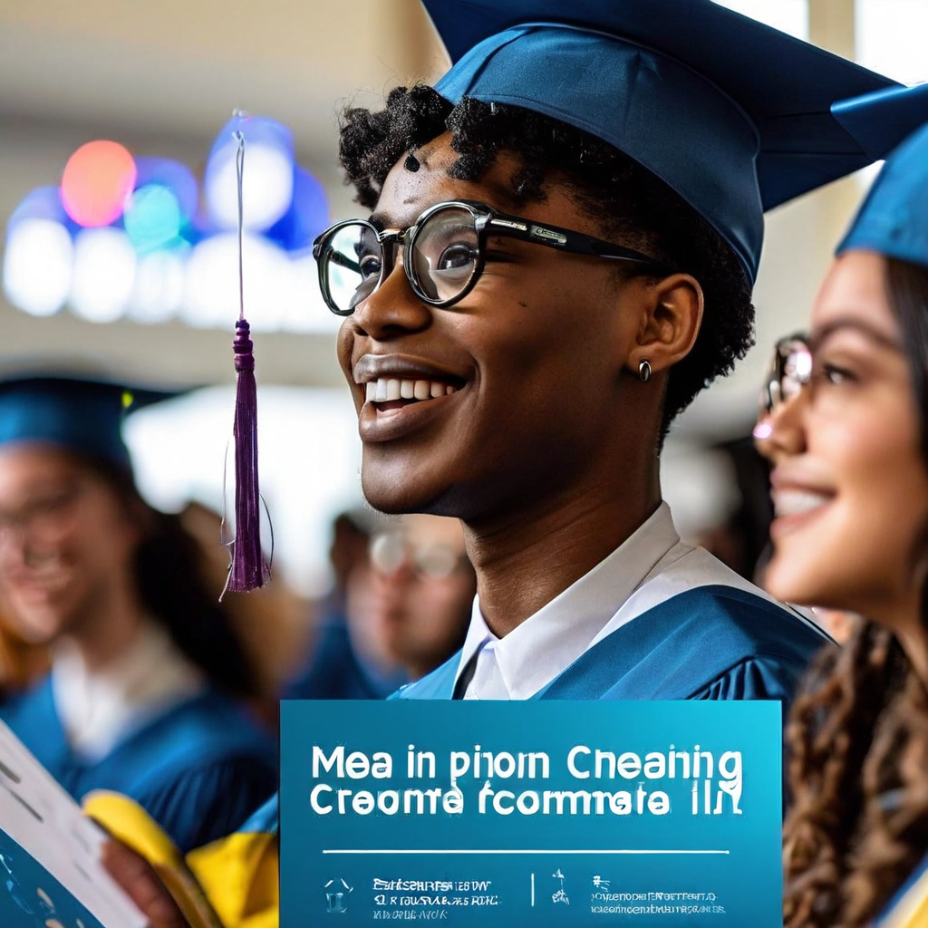 졸업모를 쓴 인물이 안경 너머로 환하게 웃으며 주변의 축하 분위기를 바라보는 장면