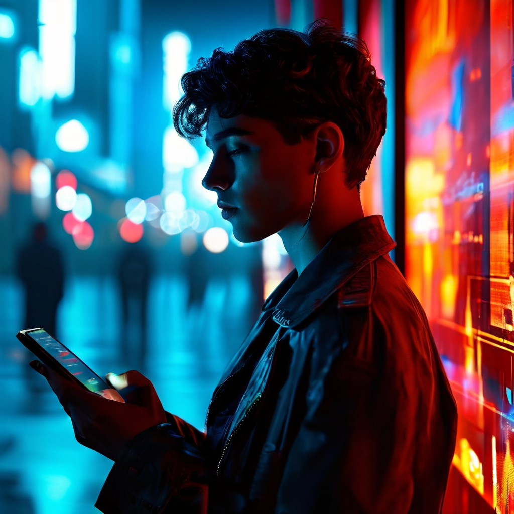 도시 배경에 리뷰 켠 스마트폰이 따뜻이 빛나다 화면에 그림자와 글리치가 번져, 인물 표정이 의심으로 바뀐 모습이다