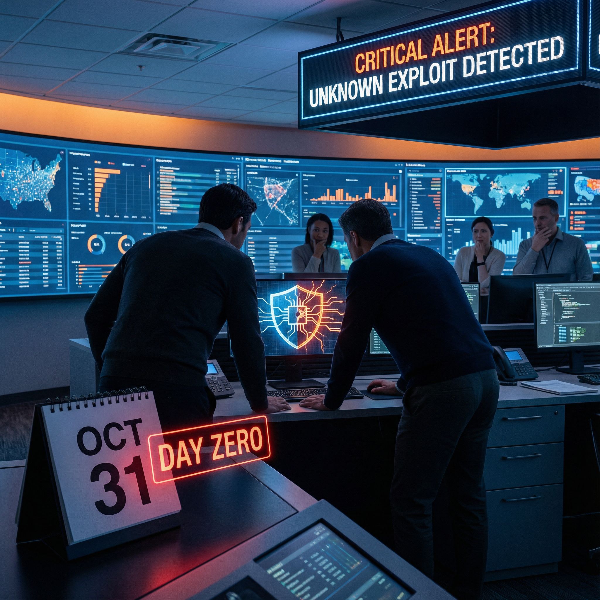 어두운 SOC에서 분석가들이 대시보드를 보고, 0일 달력과 금 간 방패, 붉은 경고등이 빛나는 모습이다