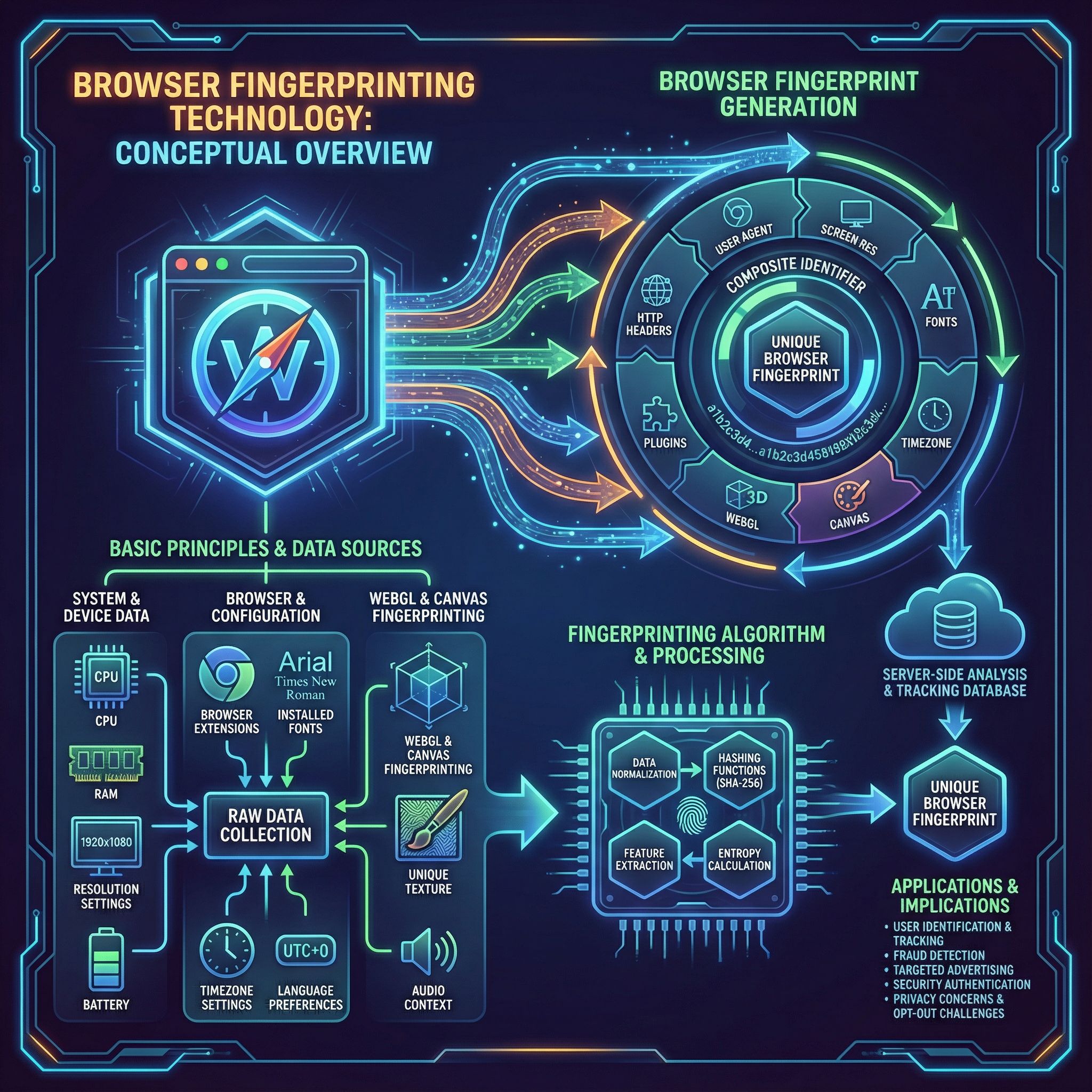 어두운 UI에 브라우저 아이콘과 지문, 라벨된 도표와 흐름도가 배치된 모습이다