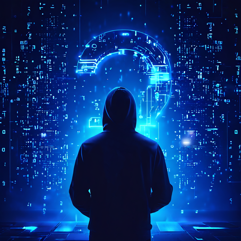 푸른 조명 속 인물이 잠긴 디지털 폴더와 빛나는 물음표를 바라보는 모습이다