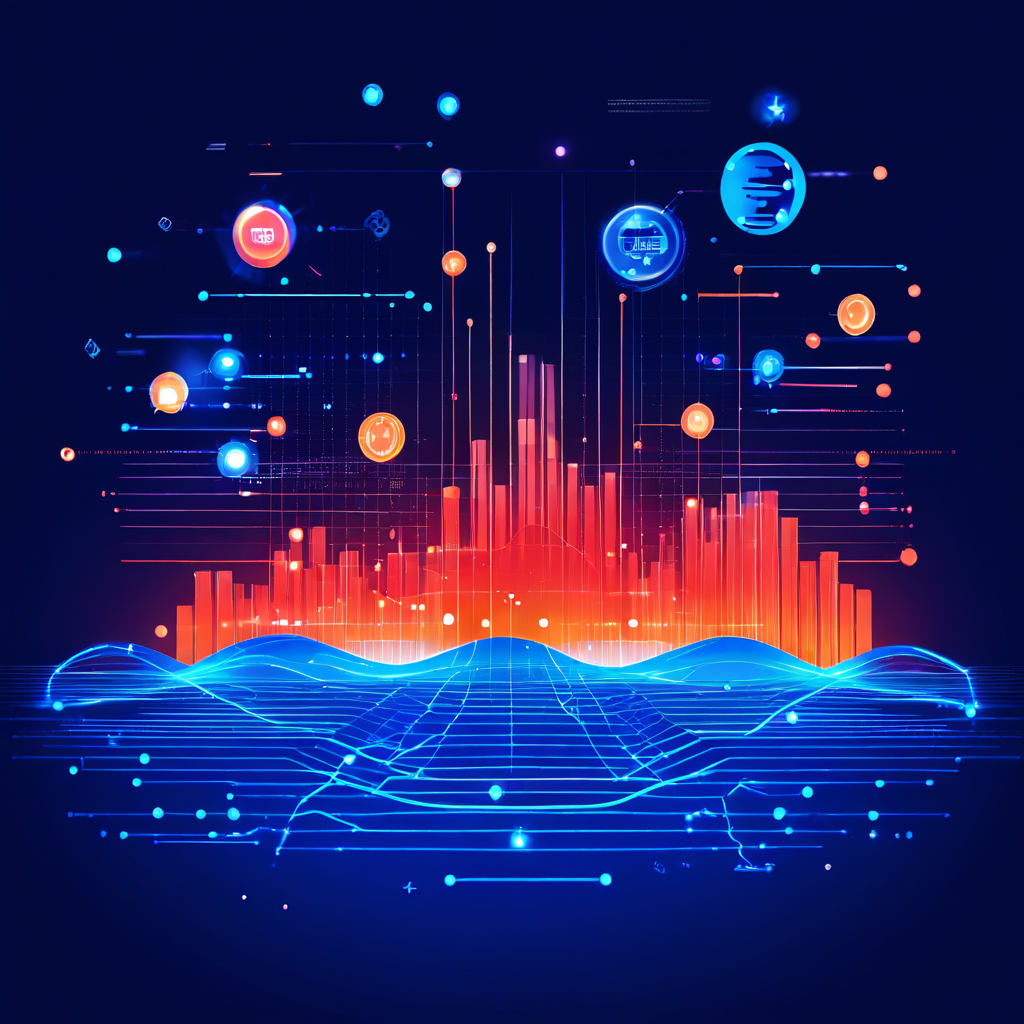 중앙 스마트폰 셀카가 빛 파동으로 변하고, 선이 관찰자들을 연결한 모습이다