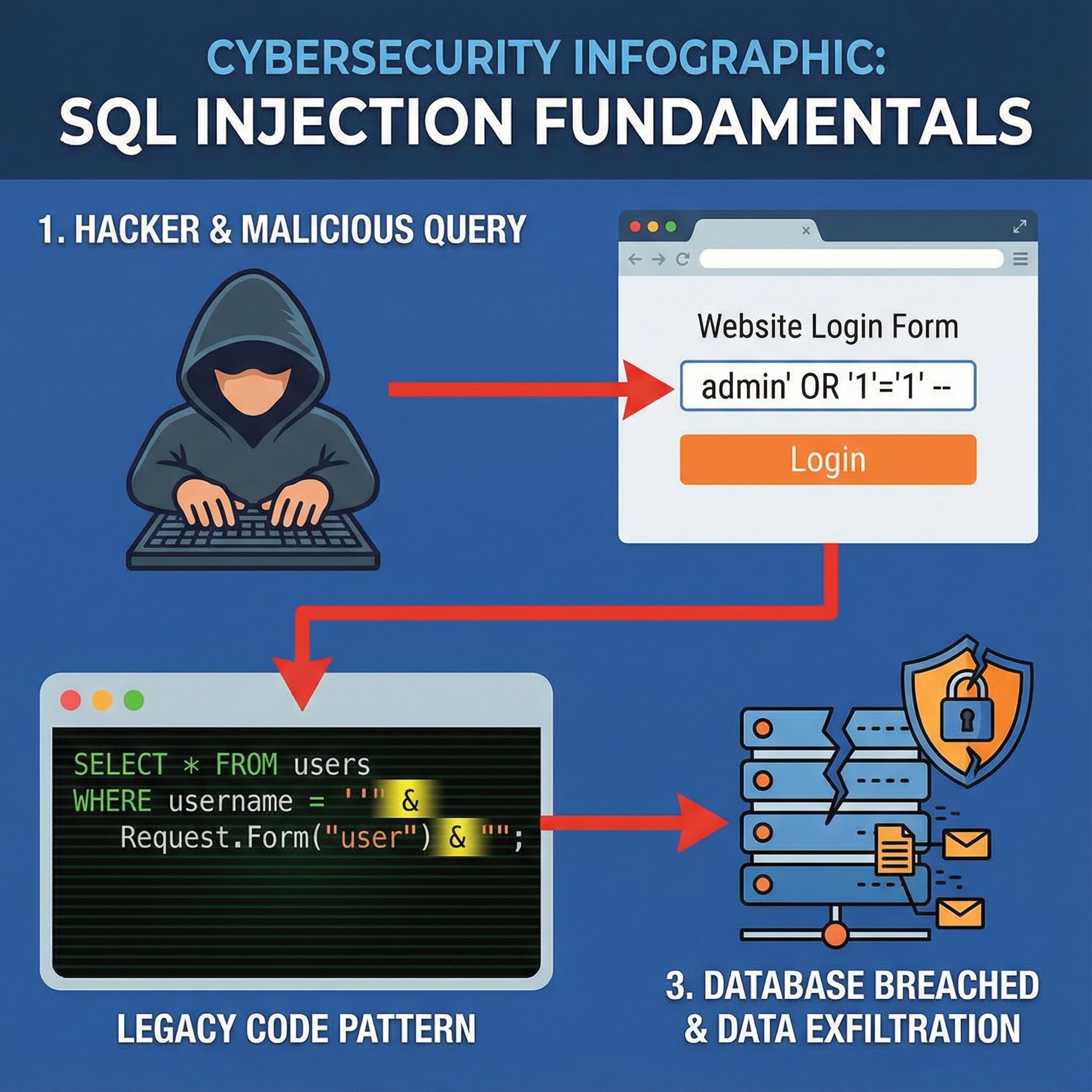 푸른 인포그래픽에 로그인창 주입 해커와 뚫린 DB, 노란 강조 취약 코드 보이는 모습이다