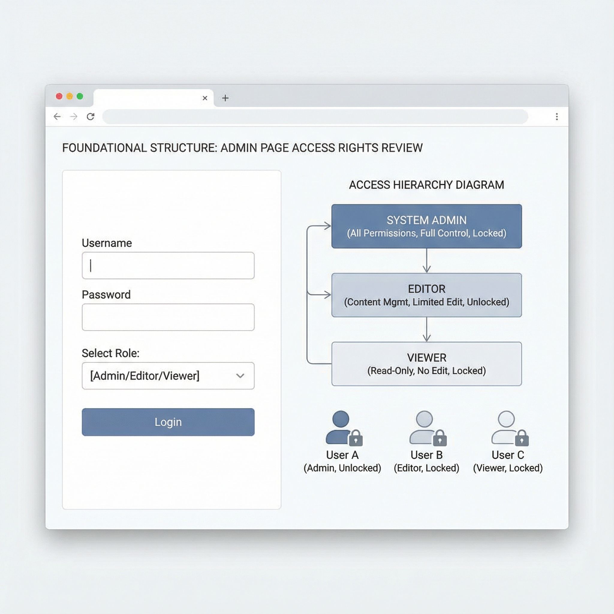 관리자 페이지 접근 권한 검토 화면에서 로그인 입력창과 시스템 관리자·편집자·뷰어로 이어지는 권한 계층 구조를 함께 보여주는 관리 인터페이스이다