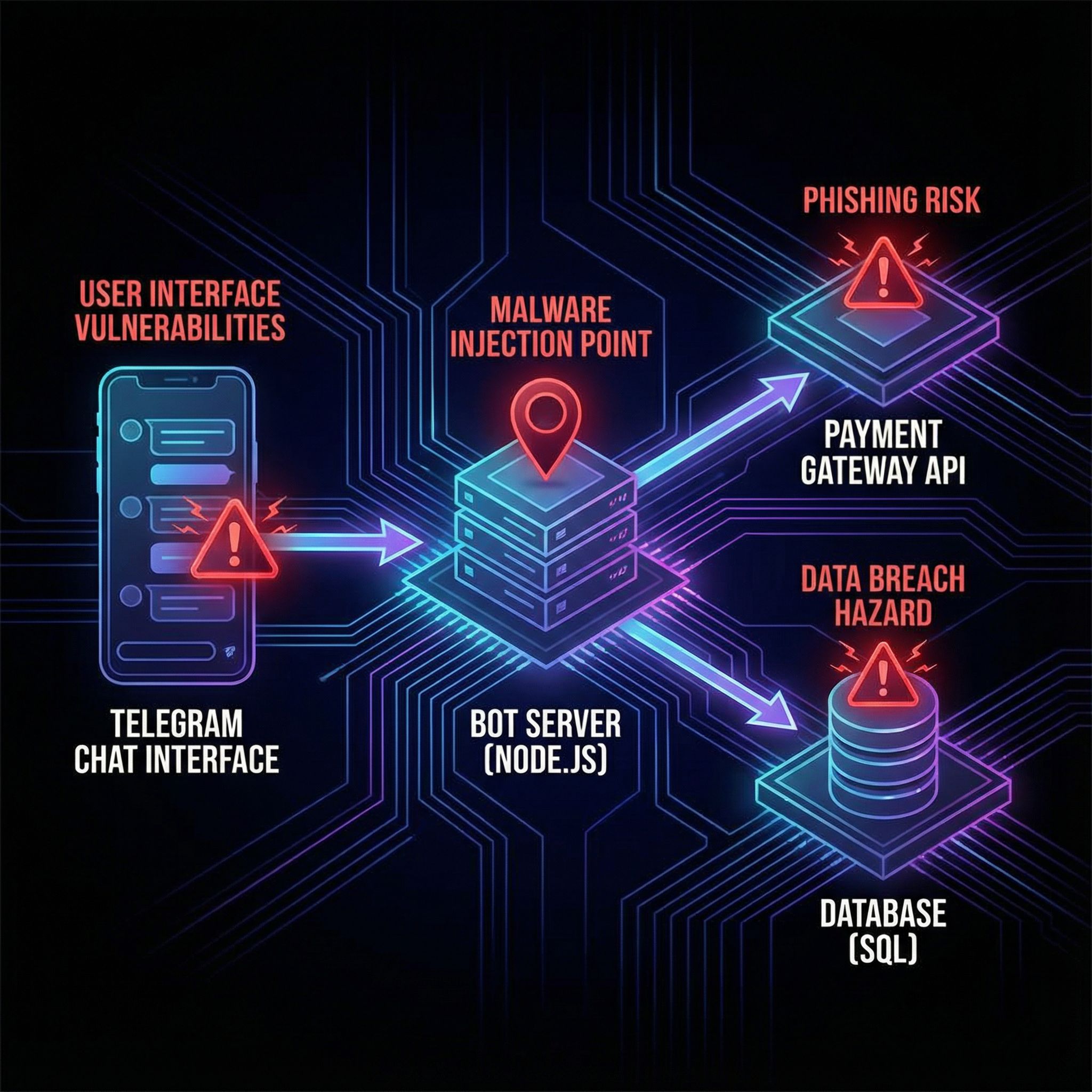 텔레그램 채팅 인터페이스와 봇 서버를 중심으로 악성코드 주입 지점, 결제 API 피싱 위험, 데이터베이스 유출 가능성을 연결 구조로 시각화한 보안 취약점 분석도다