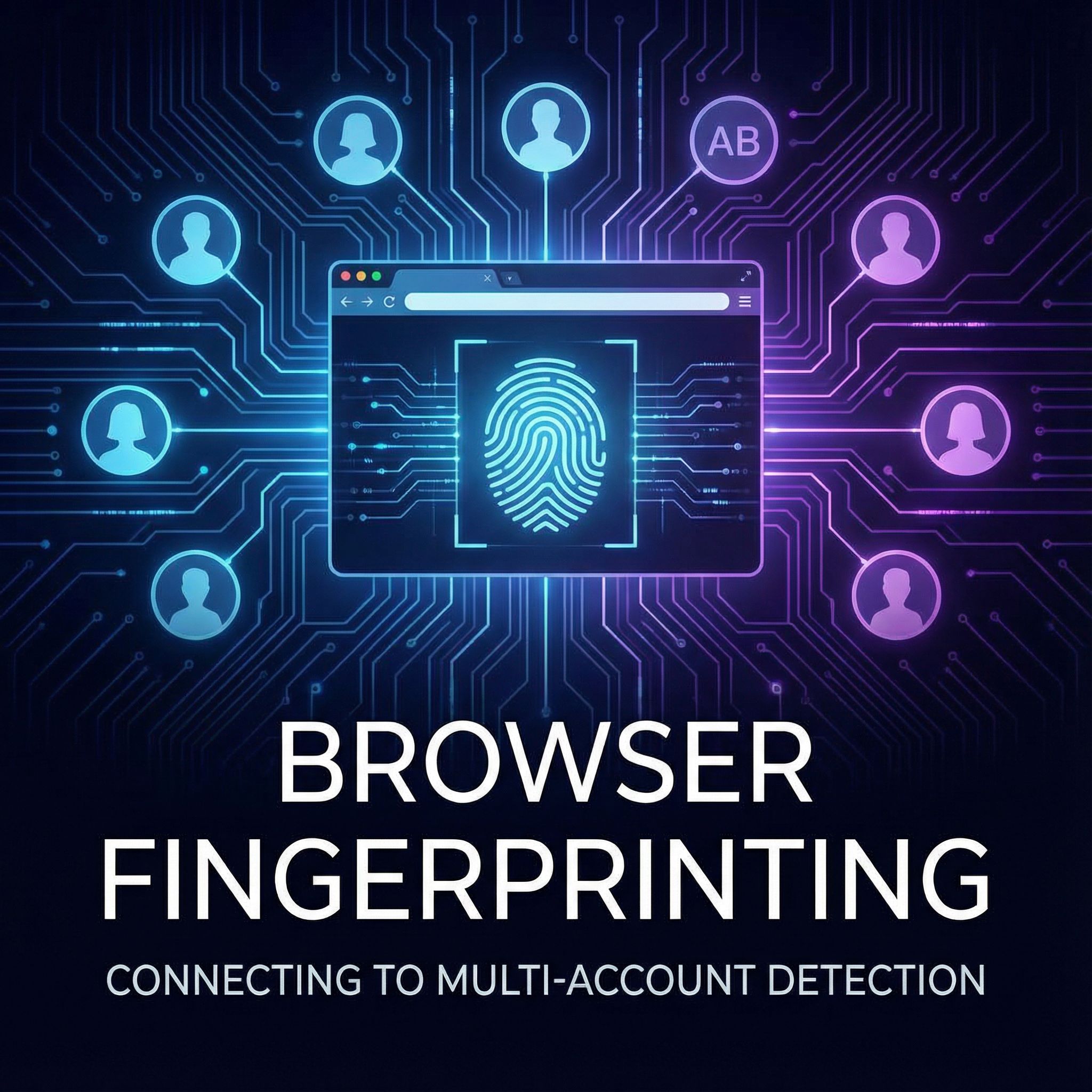 어두운 기술 배경에 브라우저 창과 지문 오버레이, 여러 사용자 아바타가 선으로 연결된 모습이다